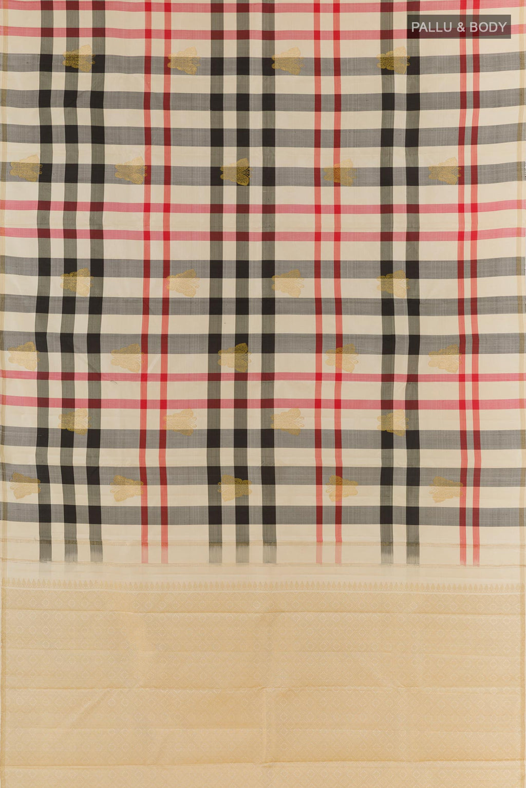 Flat view of Multi Color Kanchipuram Silk Saree with Checked design on the body and Without Border. 
