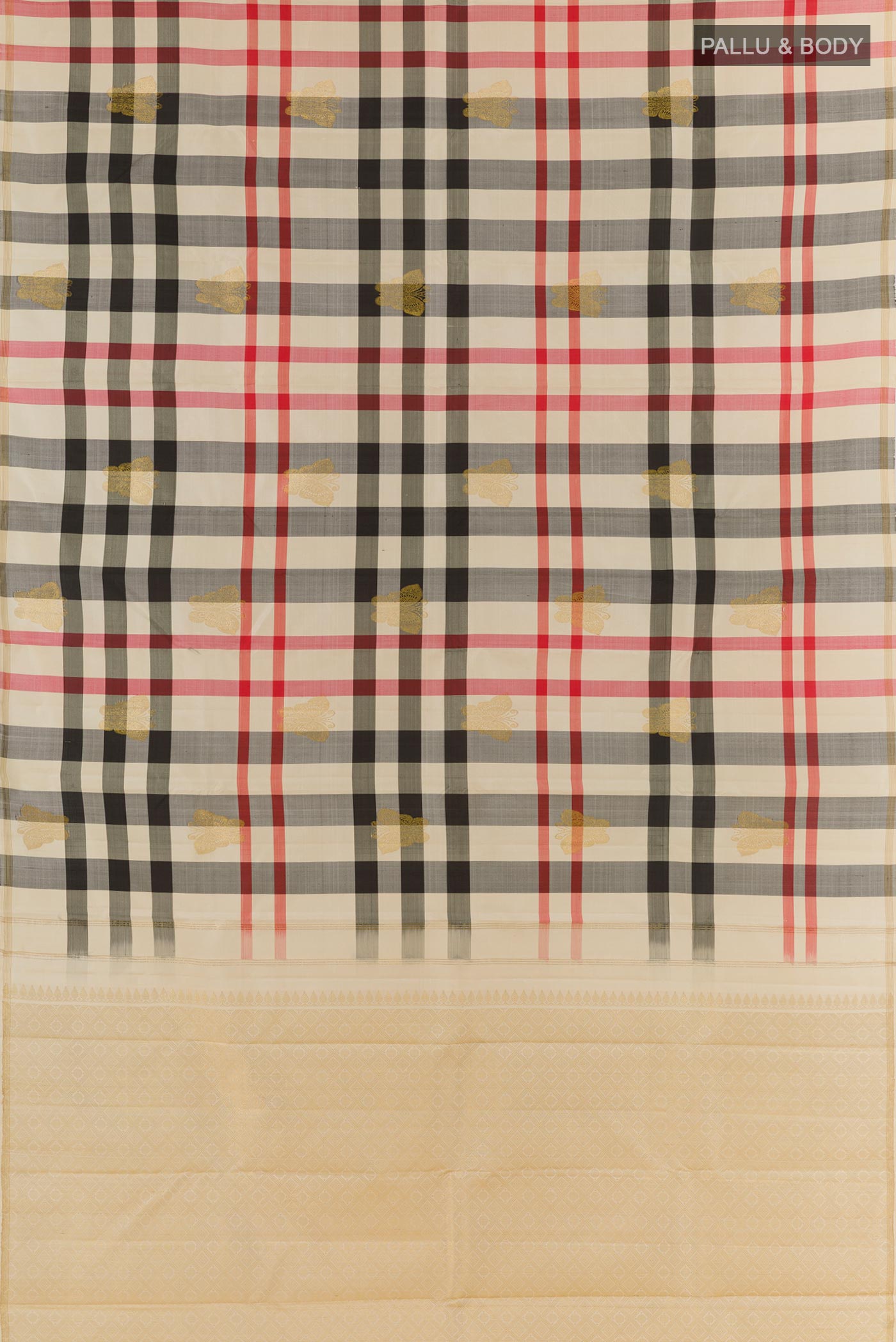 Flat view of Multi Color Kanchipuram Silk Saree with Checked design on the body and Without Border. 