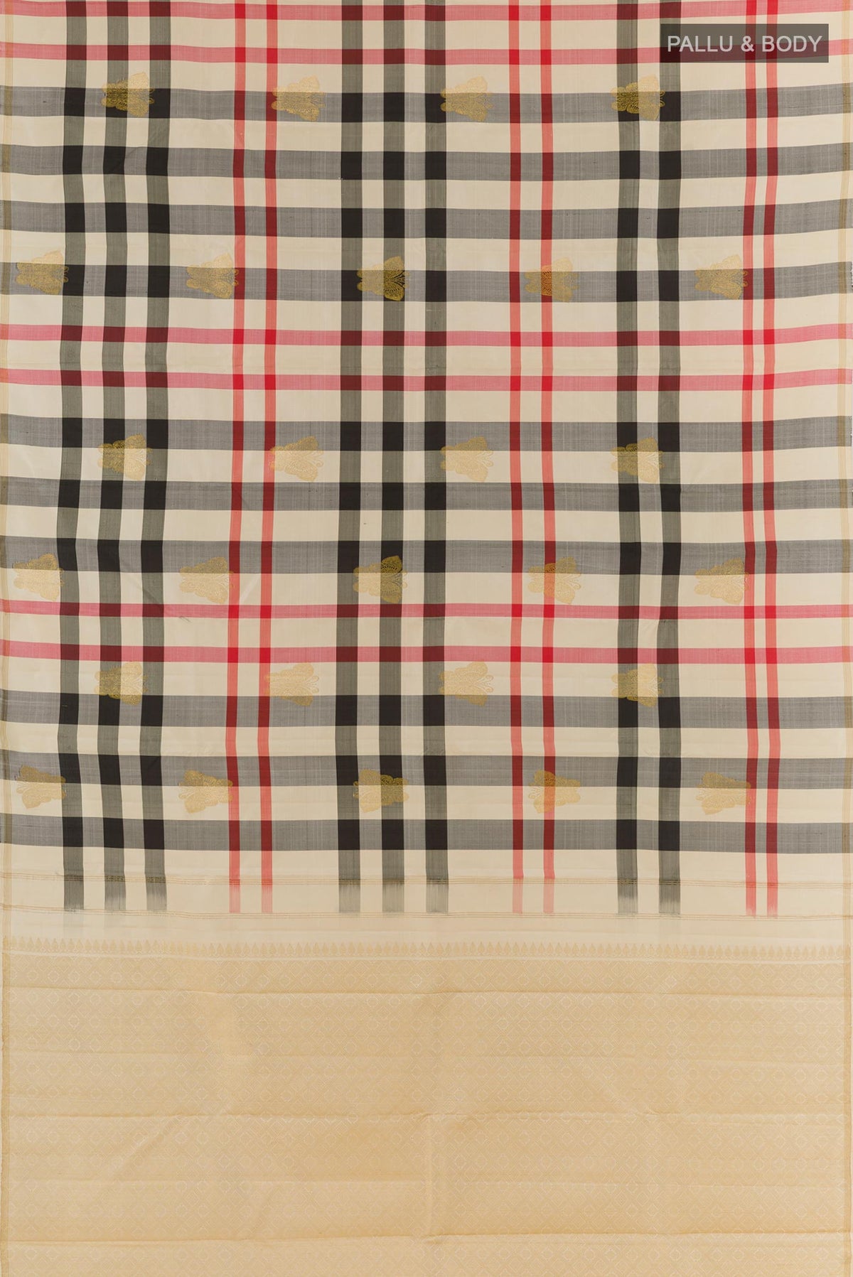 Flat view of Multi Color Kanchipuram Silk Saree with Checked design on the body and Without Border. 