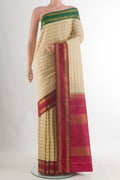 Pure Silk Sandal Kanjivaram Saree with Stripes on the body and Ganga Jamuna Border.  displayed on a mannequin