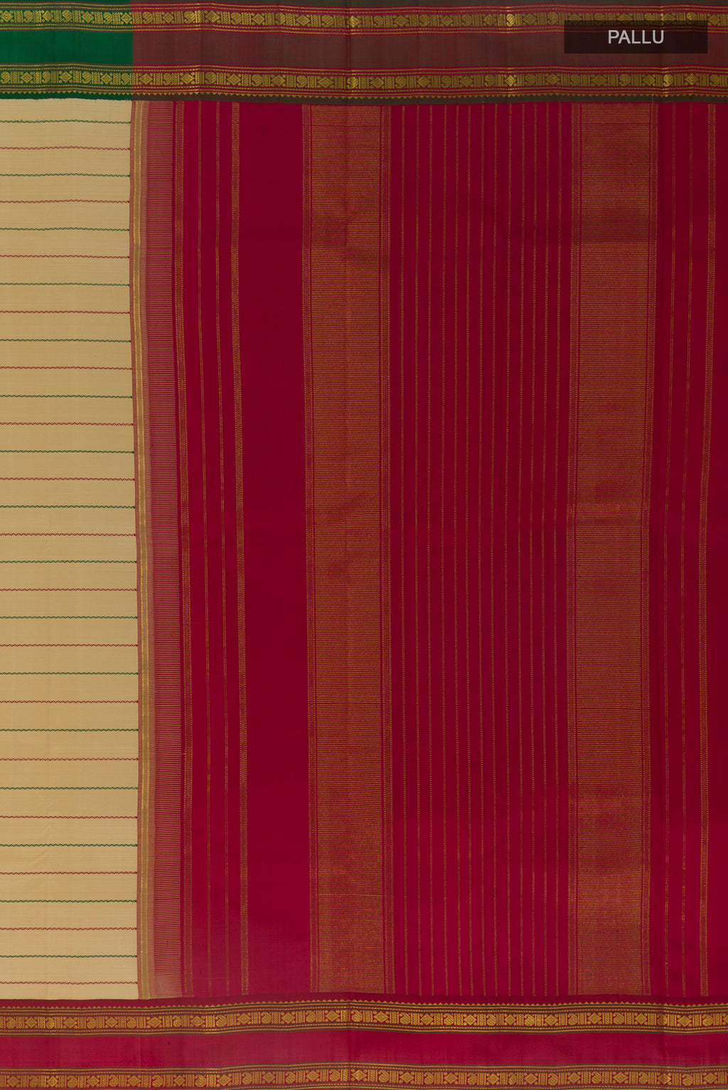 Close up image of the pallu of Pure Silk Sandal Kanjivaram Saree with Stripes on the body and Ganga Jamuna Border. 