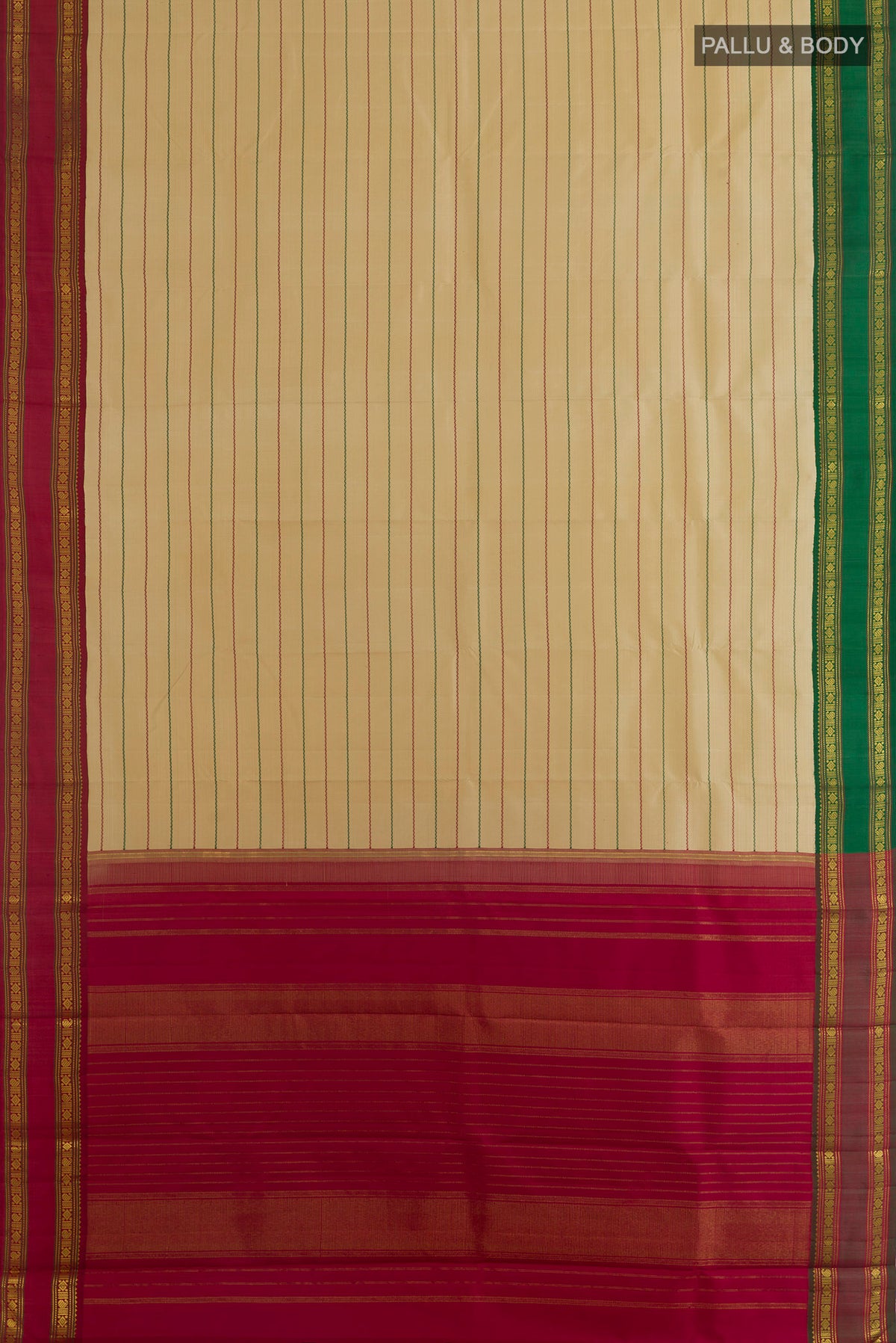 Flat view of Pure Silk Sandal Kanjivaram Saree with Stripes on the body and Ganga Jamuna Border. 