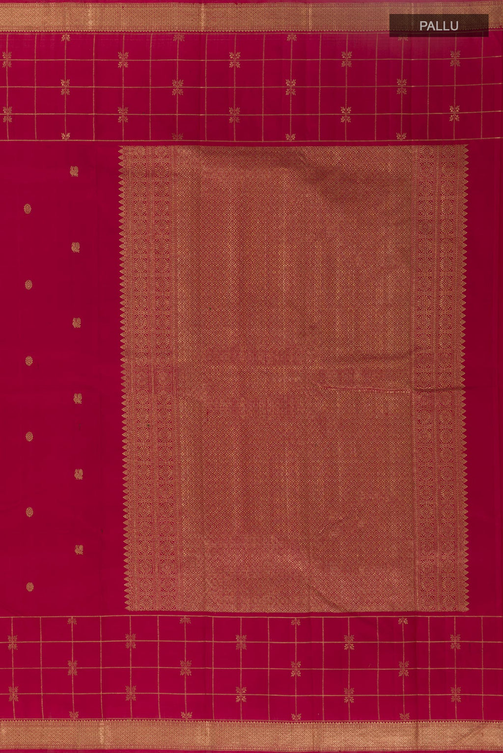 Close up image of the pallu of Maroon Kanjivaram Silk Saree with Zari Butta on the body and Zari Border. 