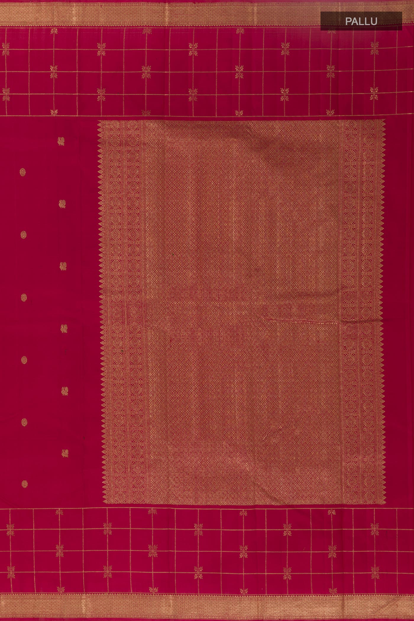 Close up image of the pallu of Maroon Kanjivaram Silk Saree with Zari Butta on the body and Zari Border. 