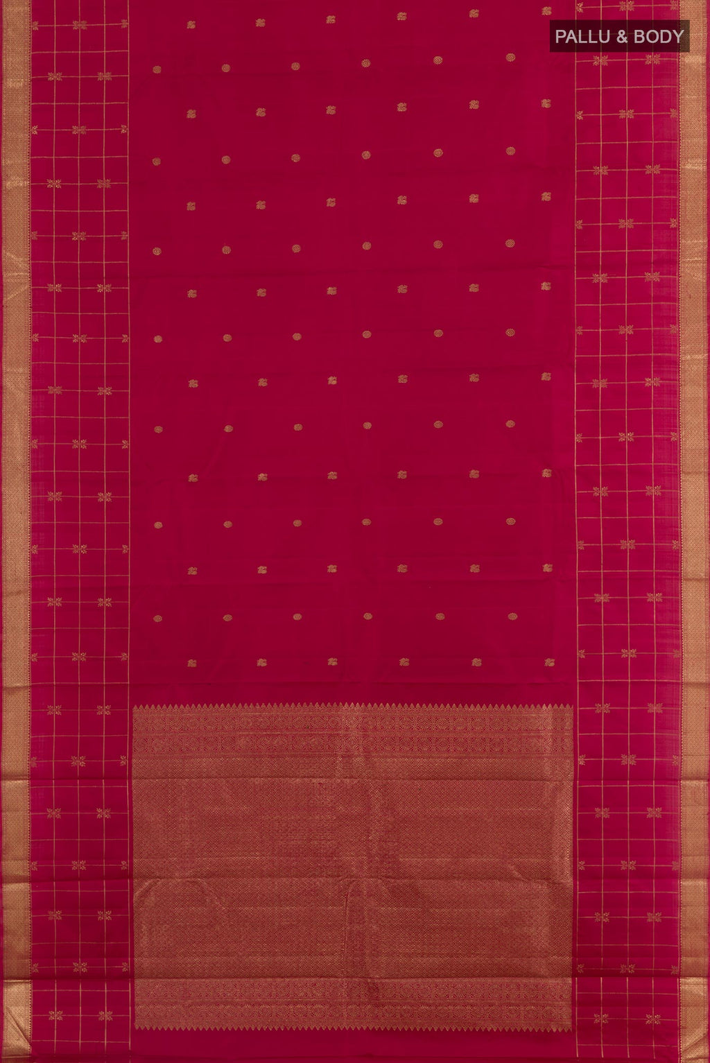 Flat view of Maroon Kanjivaram Silk Saree with Zari Butta on the body and Zari Border. 