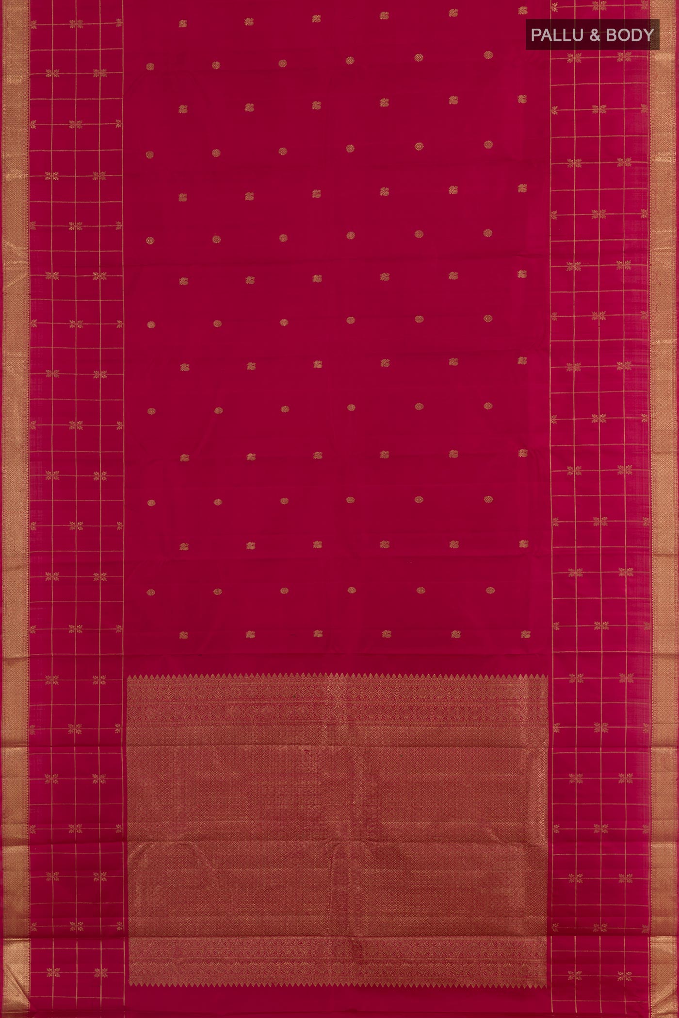 Flat view of Maroon Kanjivaram Silk Saree with Zari Butta on the body and Zari Border. 