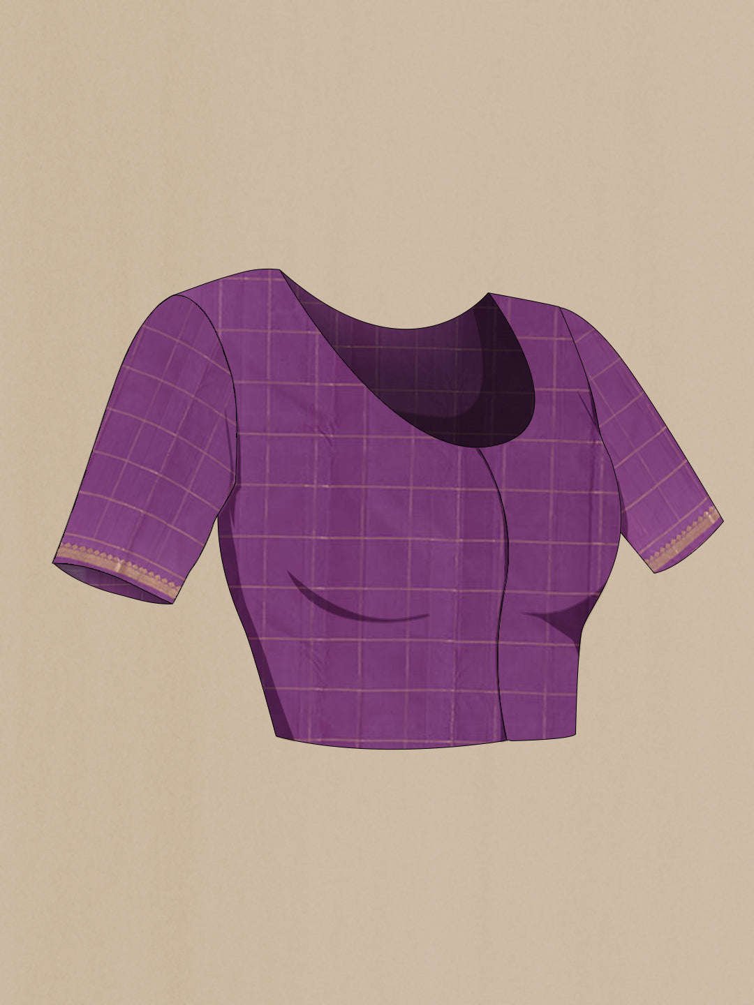 Close up image of the blouse of Lavender Kanchipuram Silk Saree with Checked design on the body and Zari Border. 