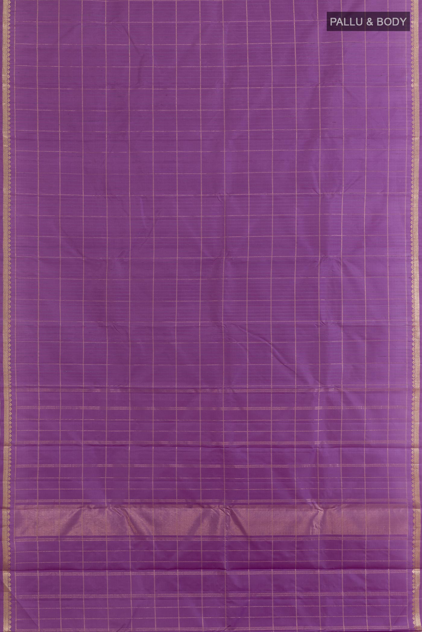 Flat view of Lavender Kanchipuram Silk Saree with Checked design on the body and Zari Border. 