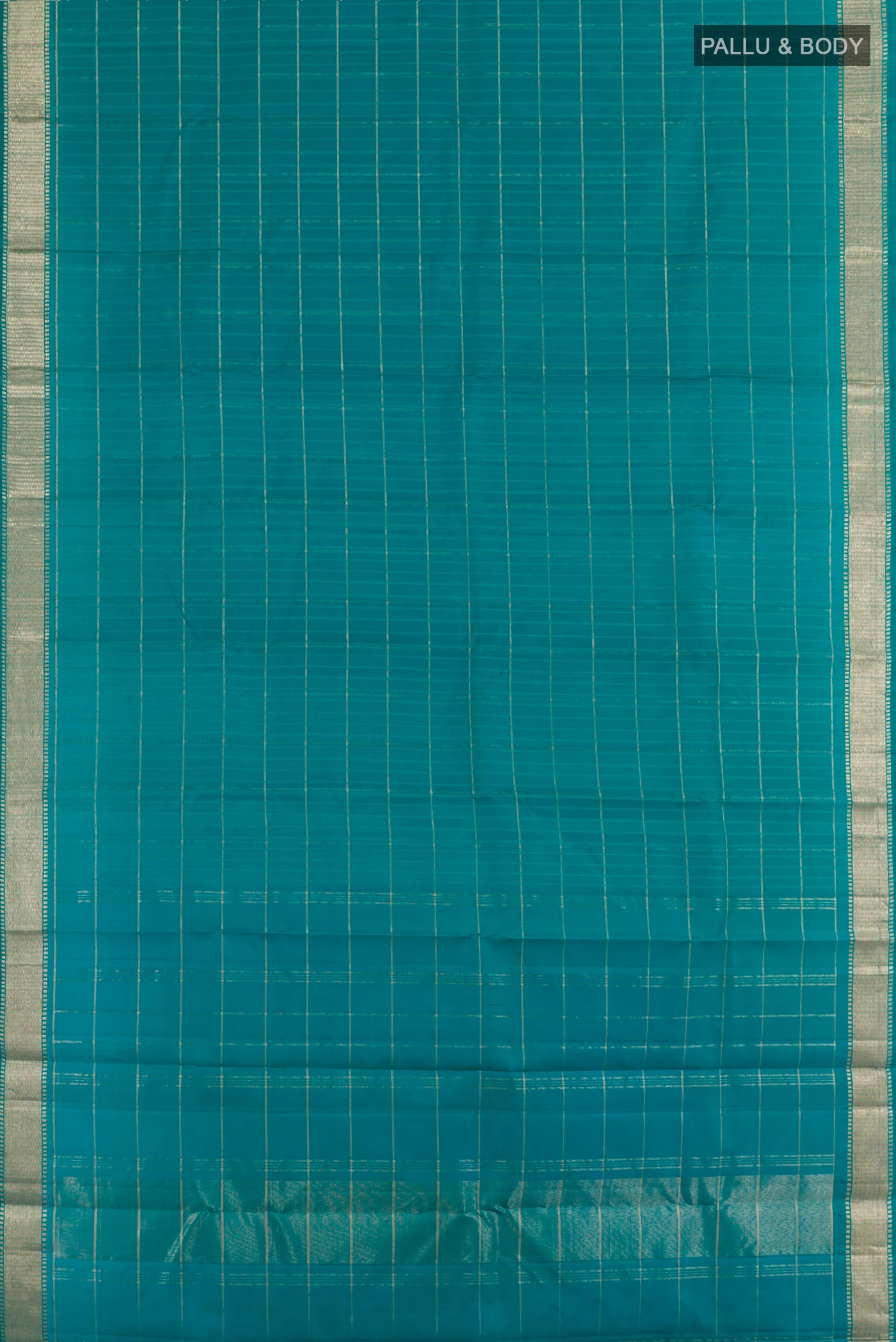 Flat view of Sea Green Kanchipuram Silk Saree with Checked design on the body and Zari Border. 