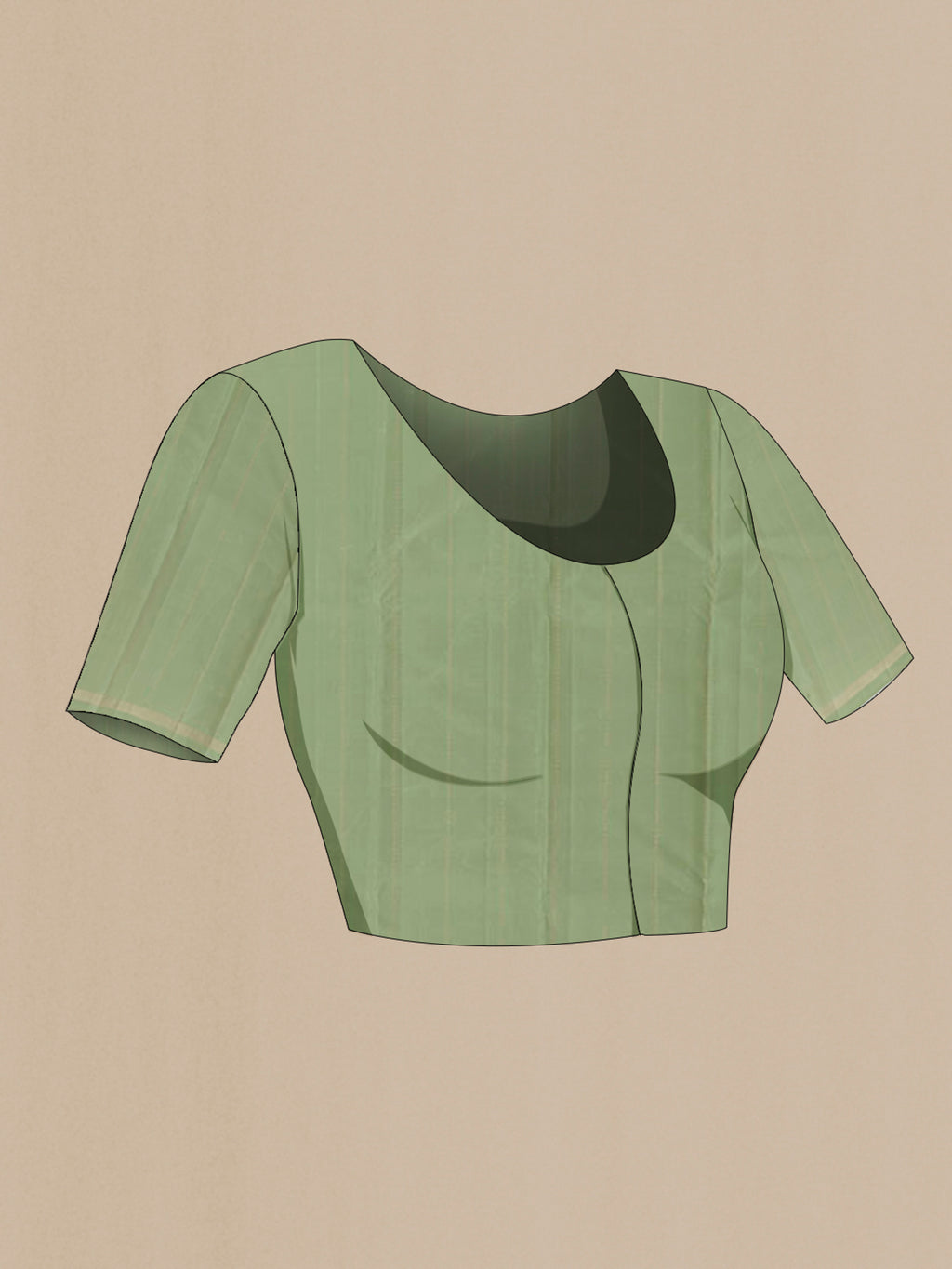Close up image of the blouse of Sage Green Kanchipuram Silk Saree with Zari Butta on the body and Thin Zari Line. 