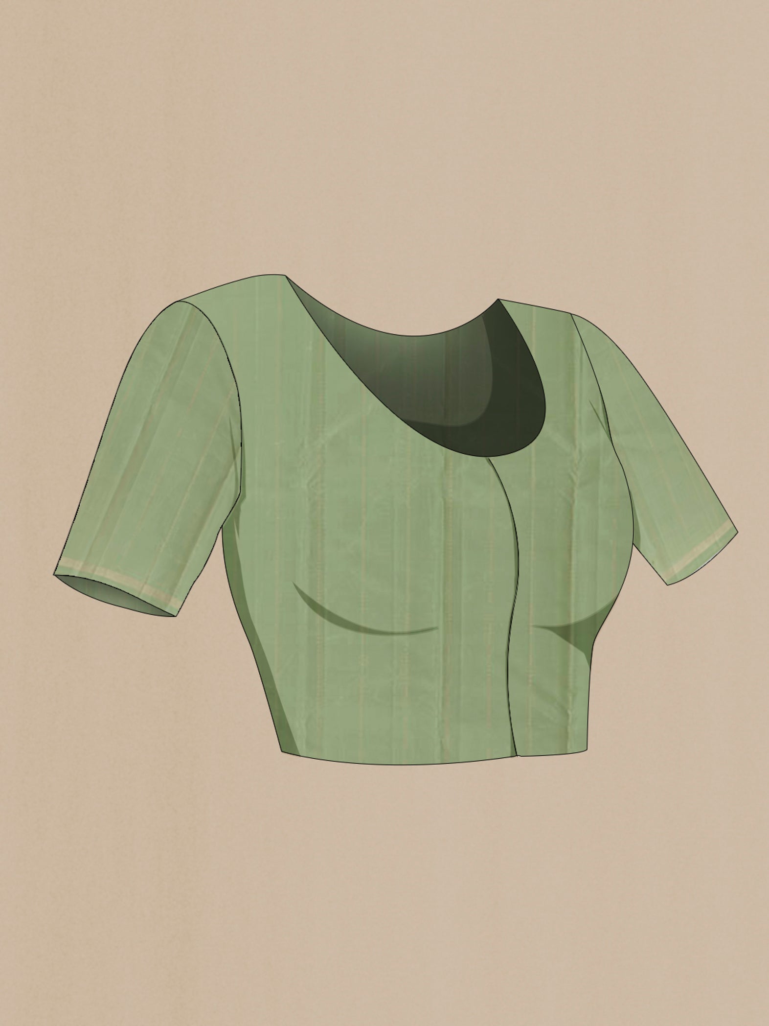 Close up image of the blouse of Sage Green Kanchipuram Silk Saree with Zari Butta on the body and Thin Zari Line. 