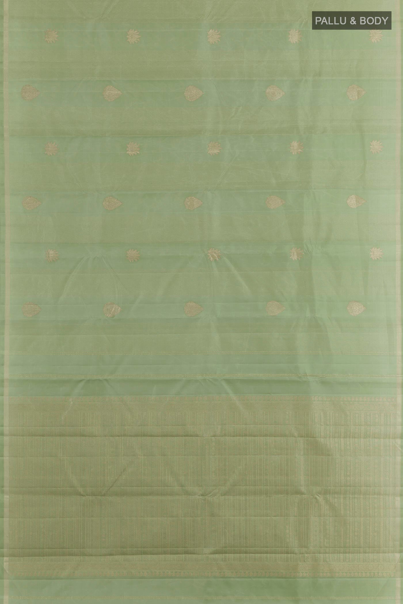 Flat view of Sage Green Kanchipuram Silk Saree with Zari Butta on the body and Thin Zari Line. 