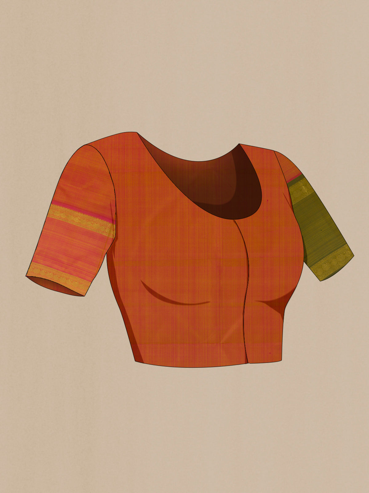 Close up image of the blouse of Pure Silk Yellow Kanchipuram Saree with Stripes on the body and Ganga Jamuna Border. 