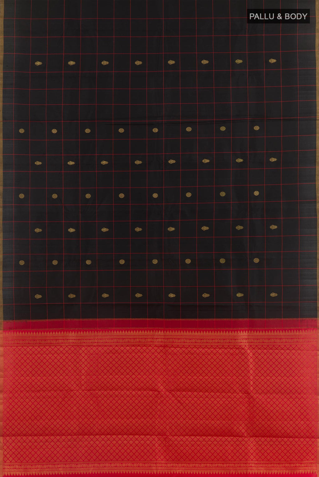 Flat view of Black Kanchipuram Silk Saree with Checked design on the body and Zari Border. 
