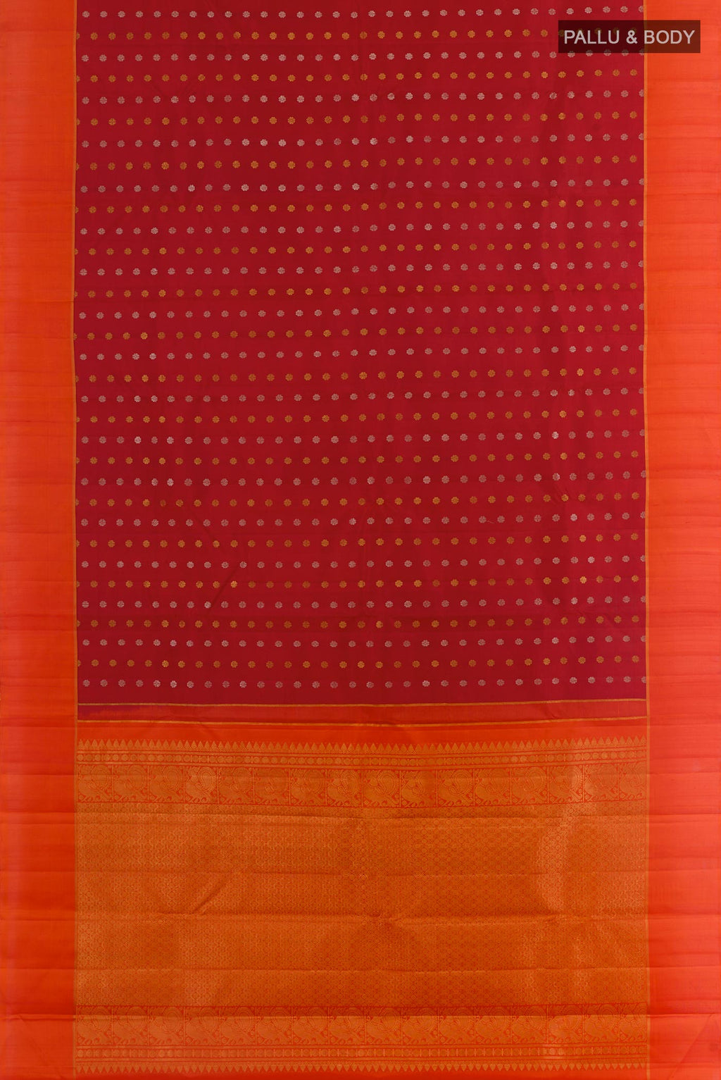Flat view of Maroon Kanchipuram Silk Saree with Zari Butta on the body and Plain Border. 