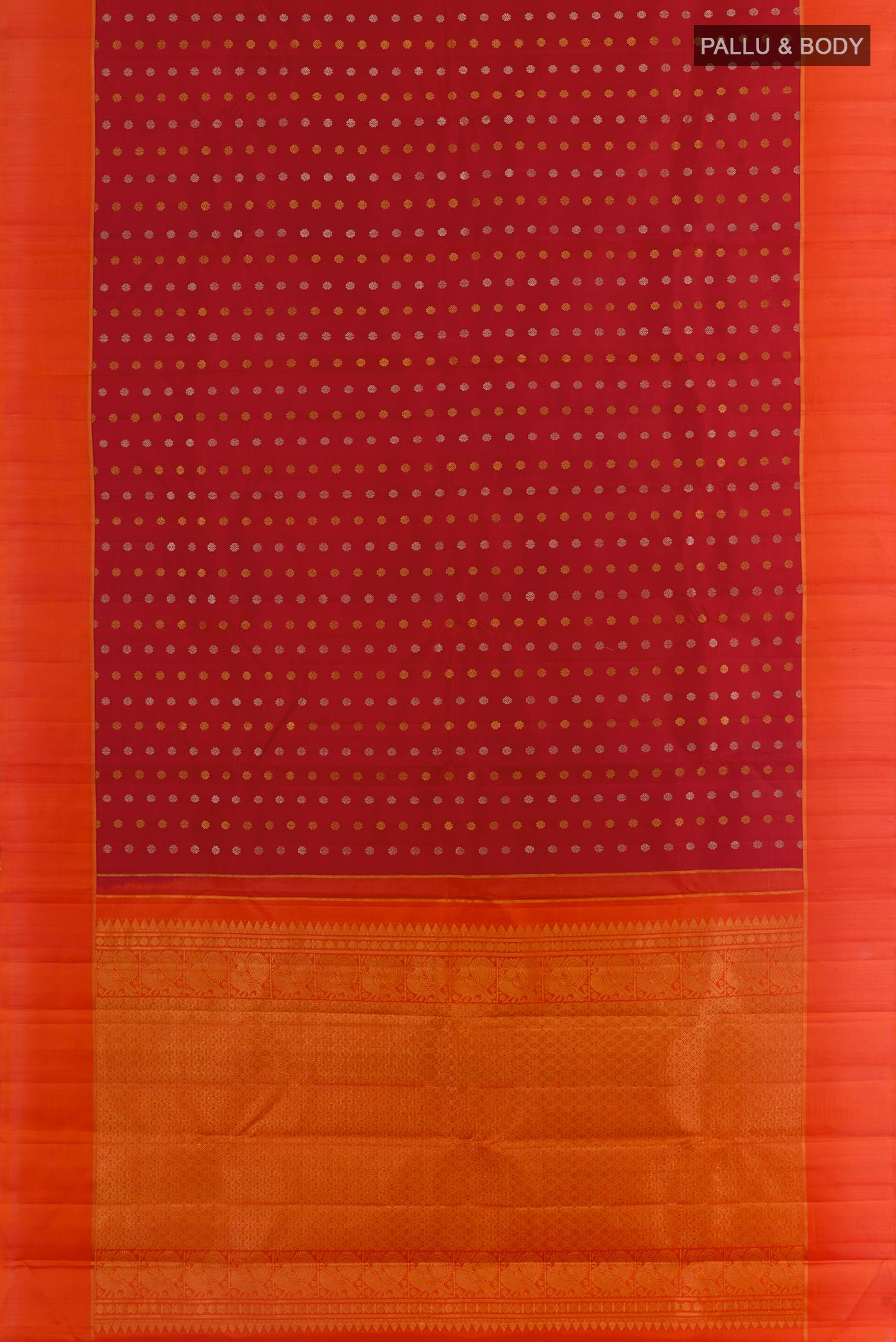 Flat view of Maroon Kanchipuram Silk Saree with Zari Butta on the body and Plain Border. 
