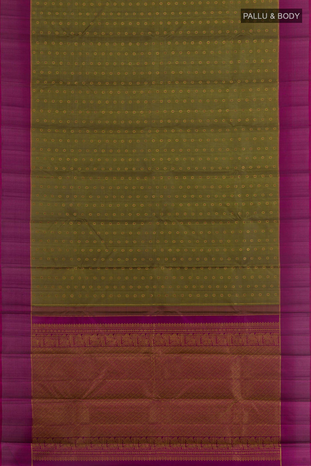 Flat view of Mehandi Green Kanchipuram Silk Saree with Zari Butta on the body and Zari Border. 