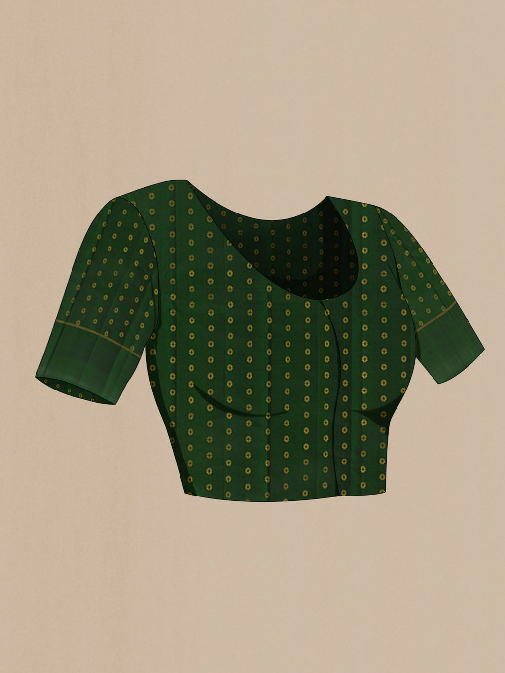 Close up image of the blouse of Mehandi Green Kanchipuram Silk Saree with Checked design on the body and Zari Border. 