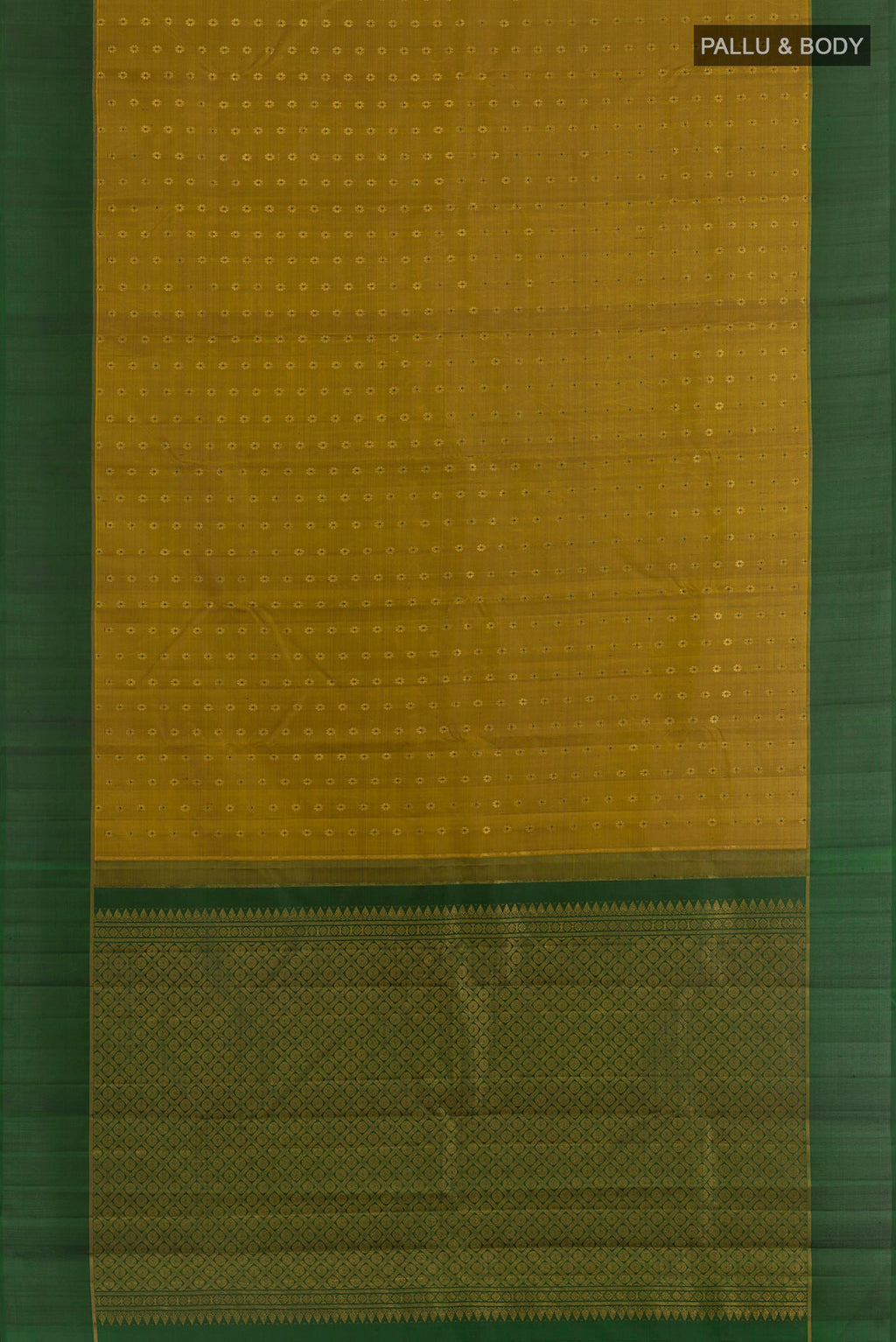 Flat view of Mehandi Green Kanchipuram Silk Saree with Checked design on the body and Zari Border. 