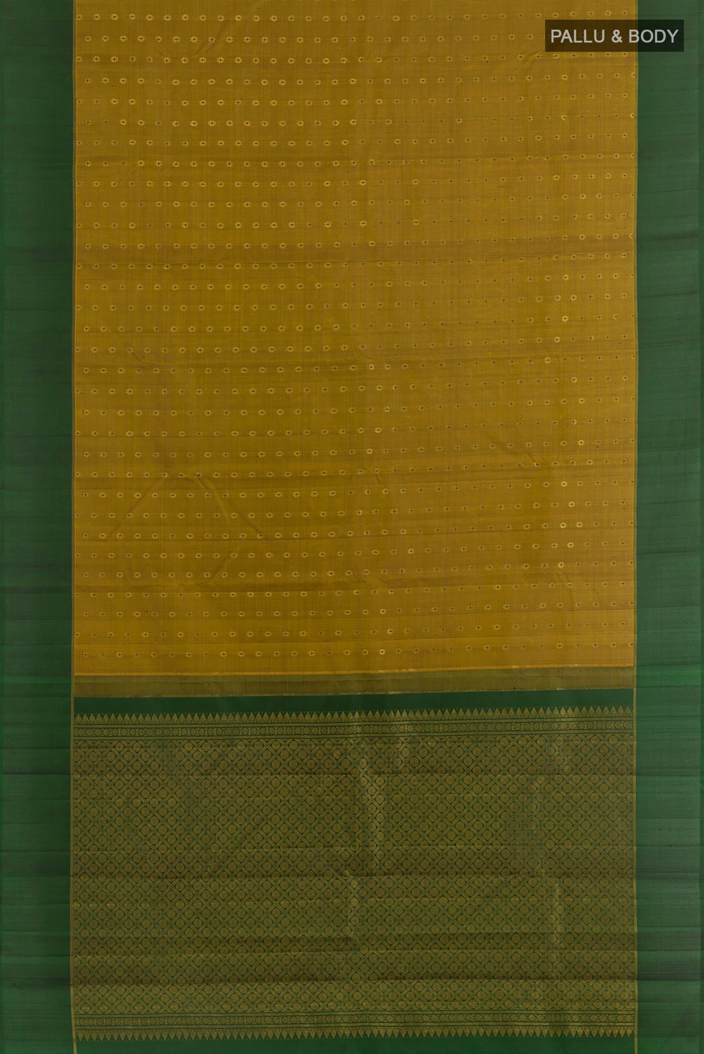 Flat view of Mehandi Green Kanchipuram Silk Saree with Checked design on the body and Zari Border. 