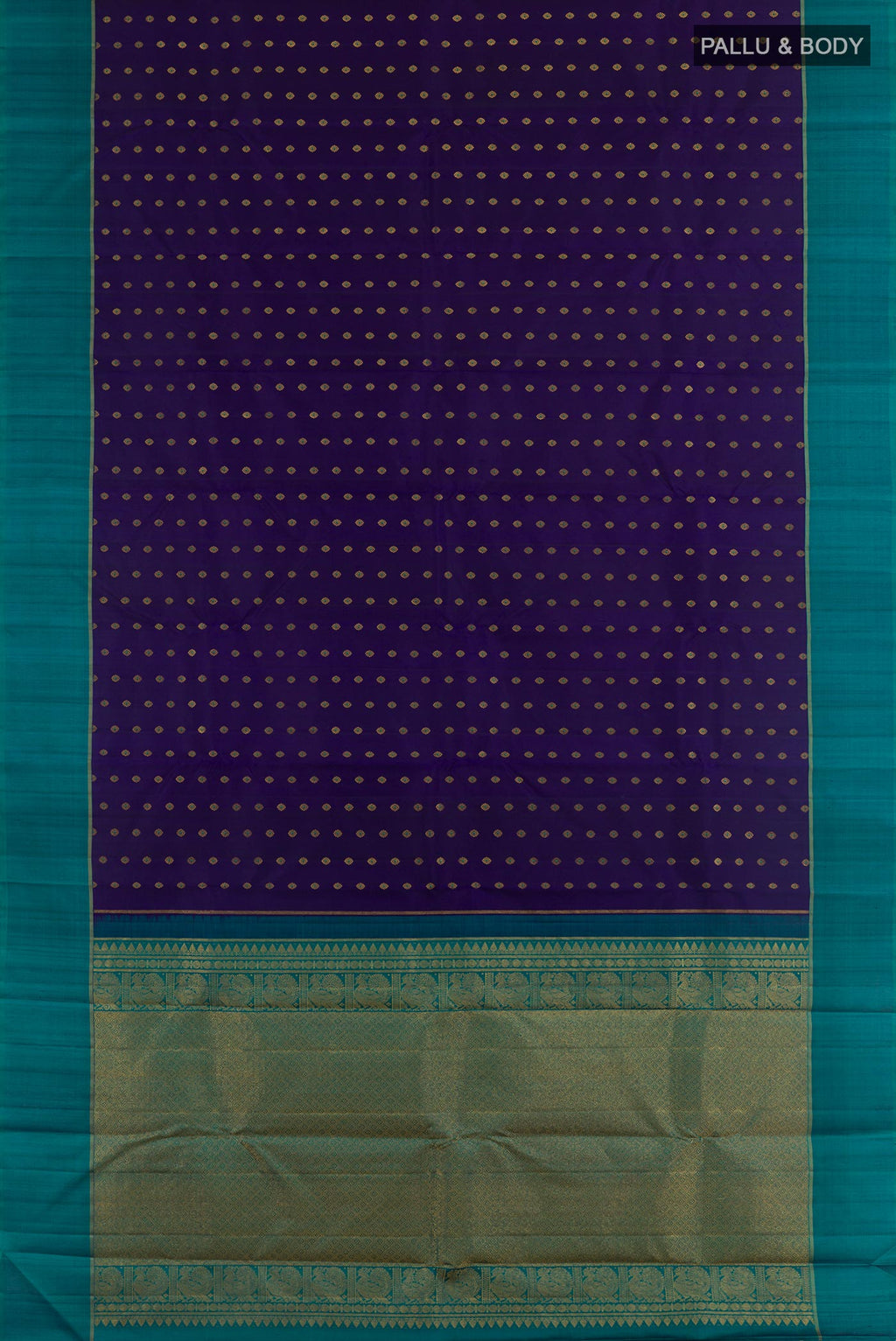 Flat view of Navy Blue Kanchipuram Silk Saree with Zari Butta on the body and Zari Border. 