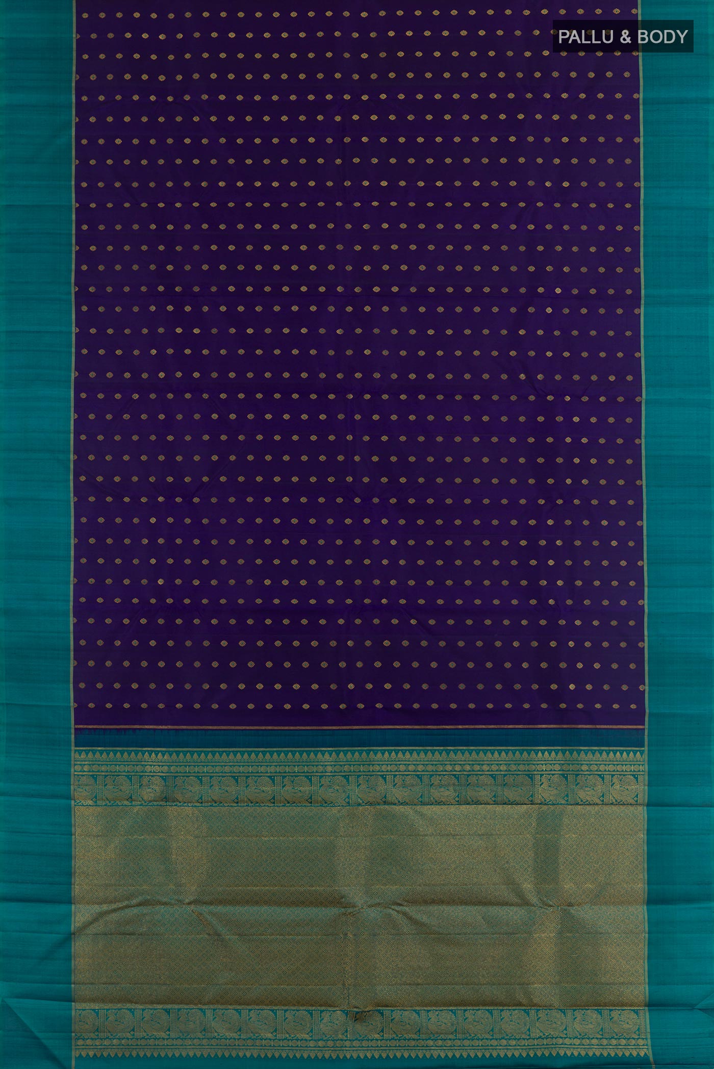 Flat view of Navy Blue Kanchipuram Silk Saree with Zari Butta on the body and Zari Border. 