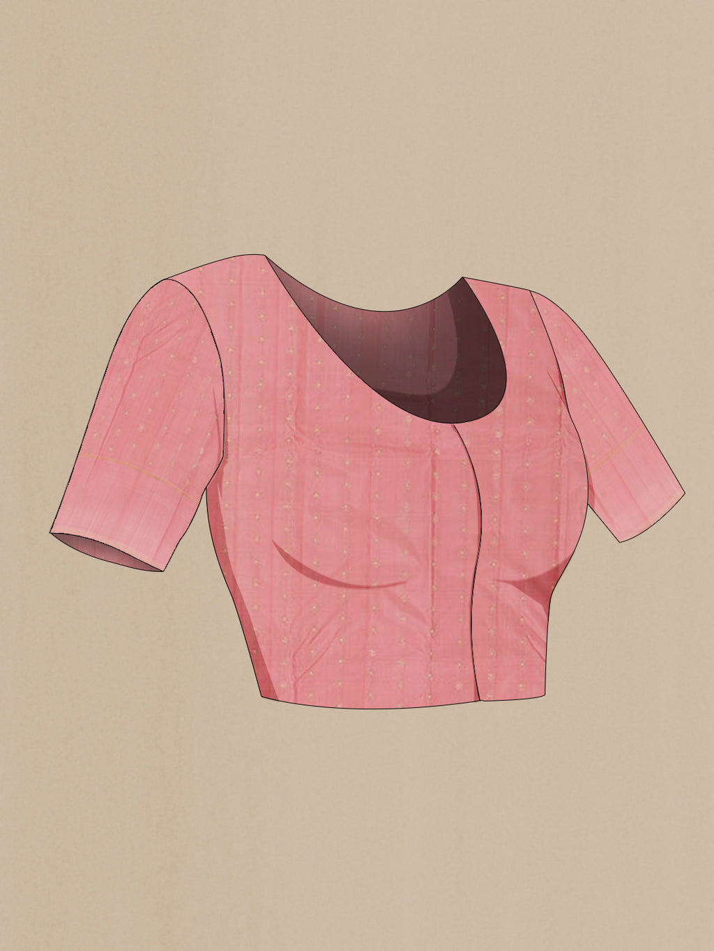 Close up image of the blouse of Rose pink Kanchipuram Silk Saree with Zari Butta on the body and Zari Border. 