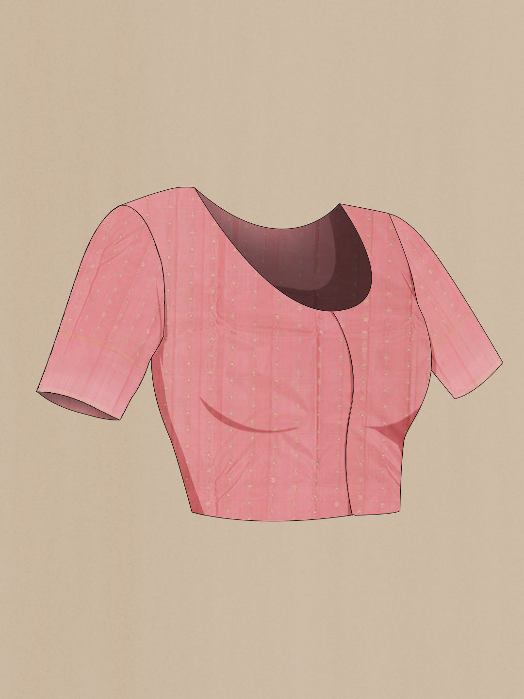 Close up image of the blouse of Rose pink Kanchipuram Silk Saree with Zari Butta on the body and Zari Border. 