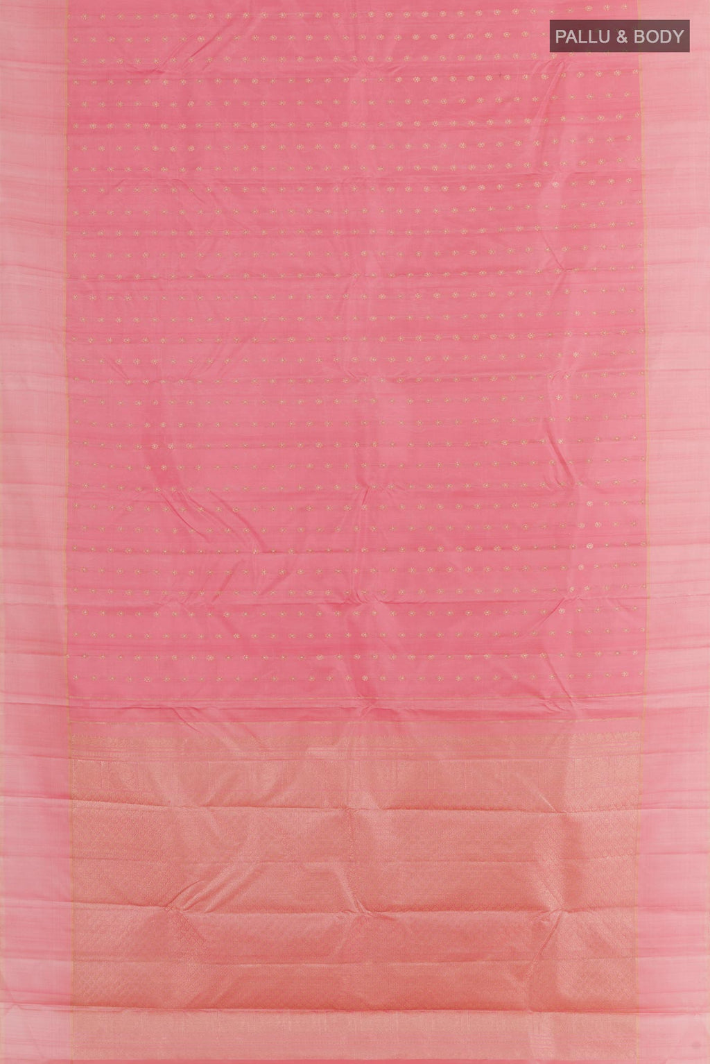 Flat view of Rose pink Kanchipuram Silk Saree with Zari Butta on the body and Zari Border. 