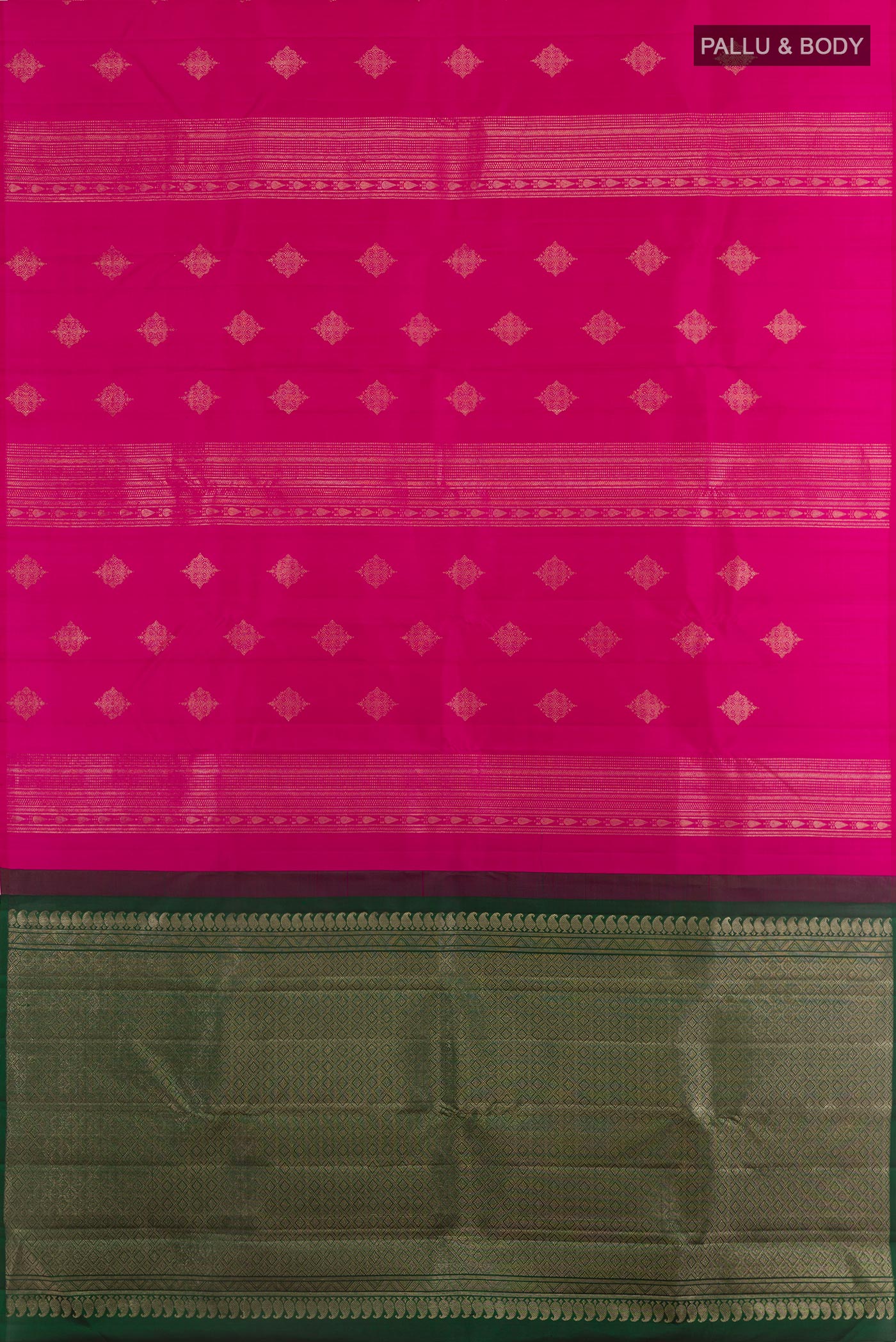 Flat view of Rani Pink Kanchipuram Silk Saree with Zari Butta on the body and Without Border. 