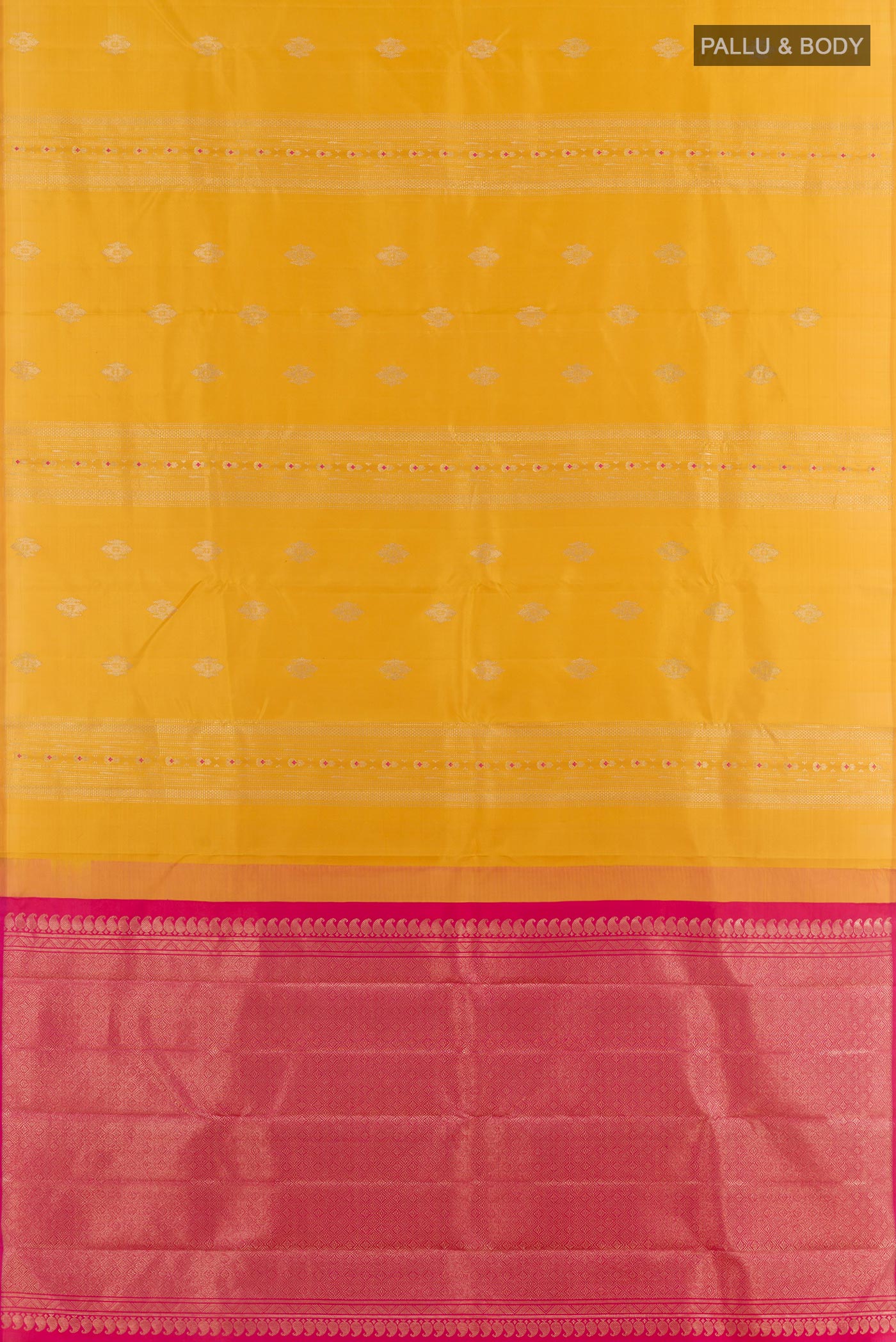 Flat view of Yellow Kanchipuram Silk Saree with Zari Butta on the body and Without Border. 