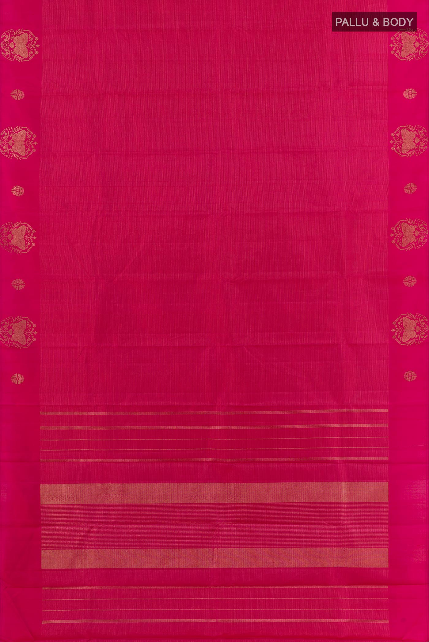 Flat view of Pink Kanchipuram Silk Saree with Zari Brocade on the body and Zari Border. 