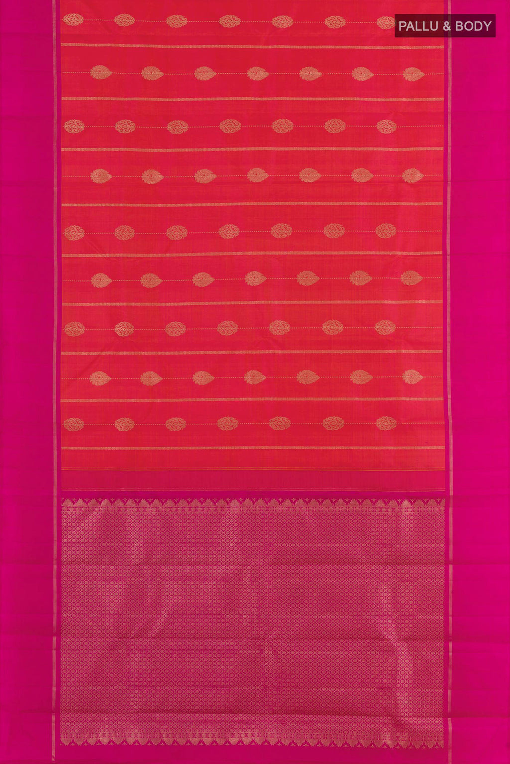 Flat view of Pink with Orange Color Kanjivaram Silk Saree with Zari Butta on the body and Zari Border. 