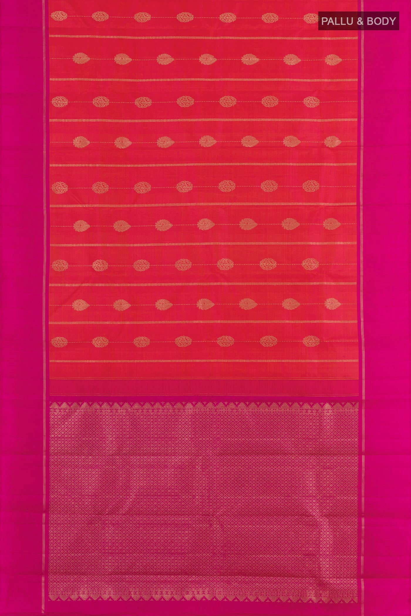 Flat view of Pink with Orange Color Kanjivaram Silk Saree with Zari Butta on the body and Zari Border. 