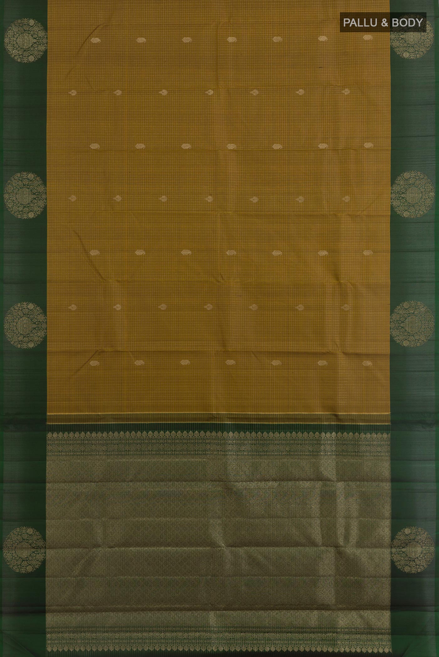 Flat view of Mehandi Green Kanjivaram Silk Saree with Zari Butta on the body and Zari Border. 