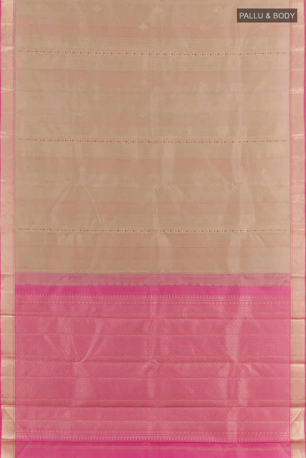 Flat view of Rose Gold Kanjivaram Silk Saree with Zari Butta on the body and Zari Border. 