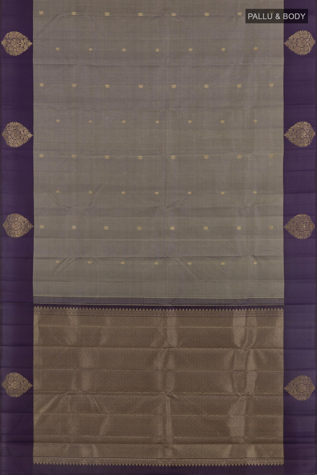 Flat view of Grey Kanjivaram Silk Saree with Zari Butta on the body and Zari Border. 