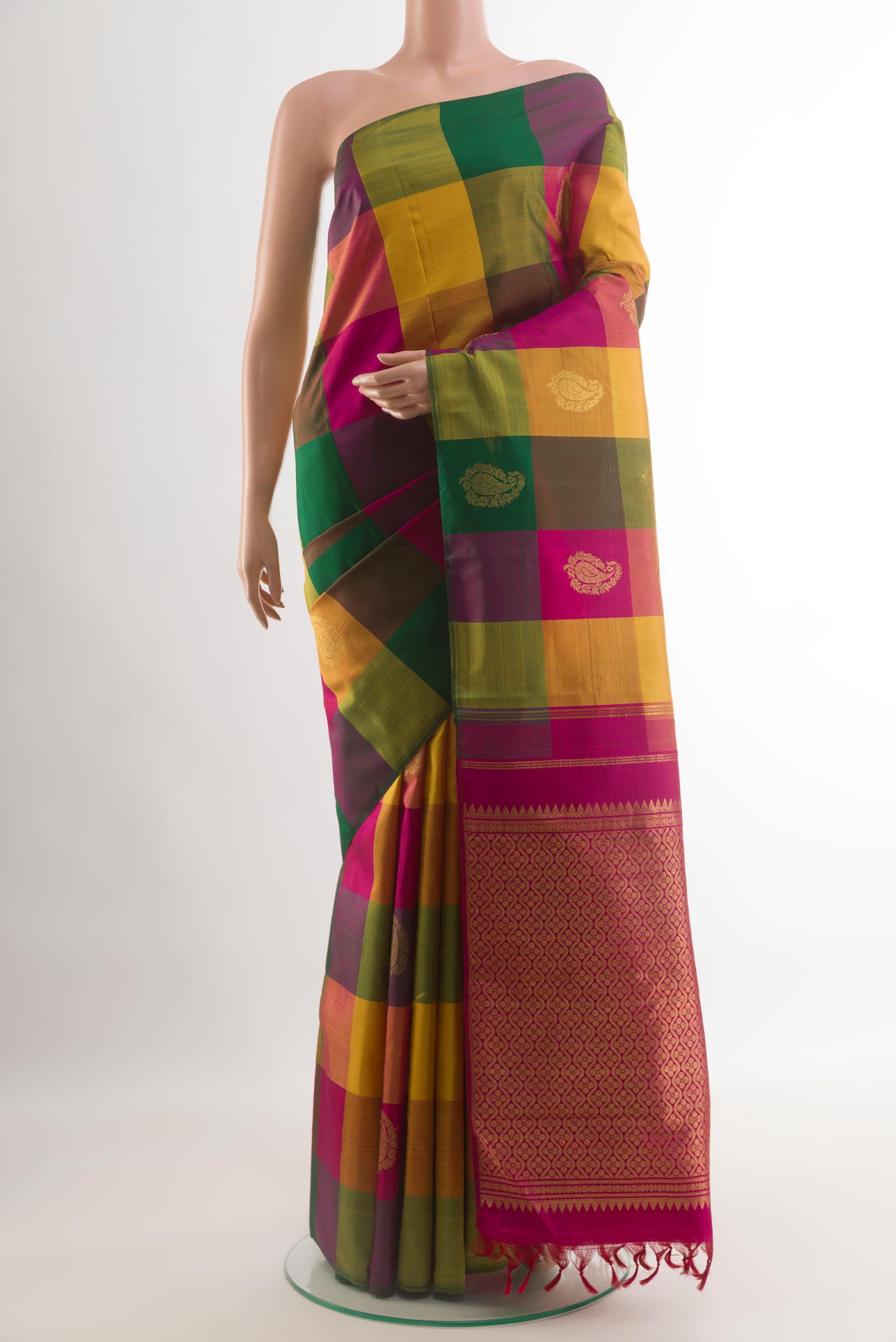 Multi Color Kanjivaram Silk Saree with Checked design on the body and Without Border.  displayed on a mannequin