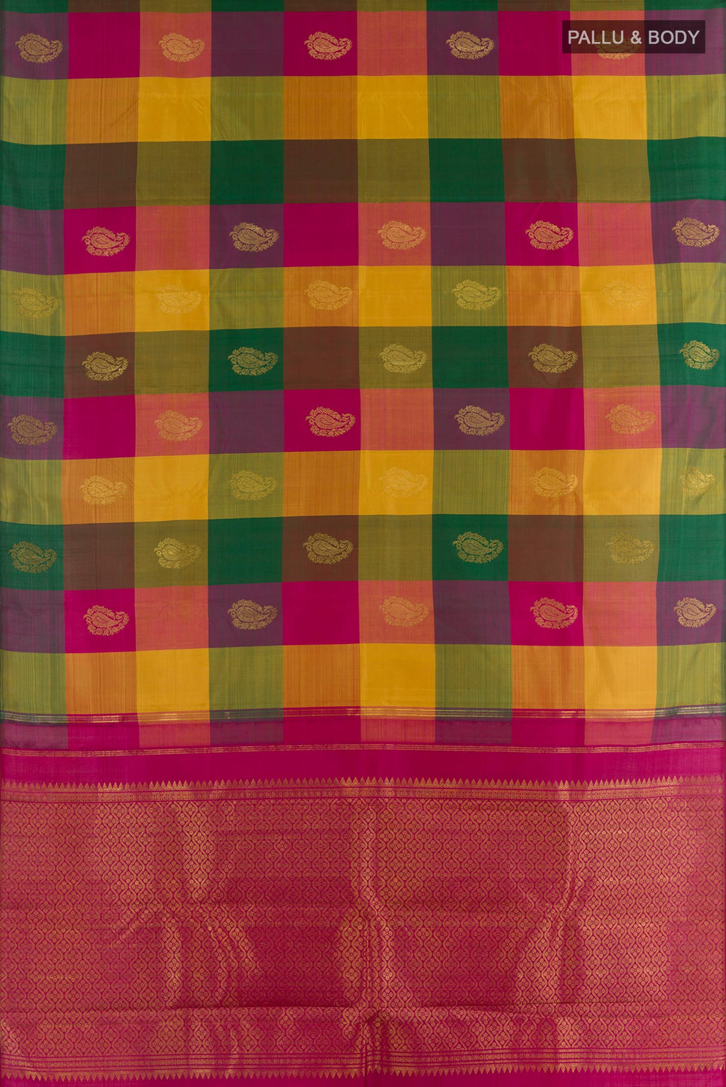 Flat view of Multi Color Kanjivaram Silk Saree with Checked design on the body and Without Border. 