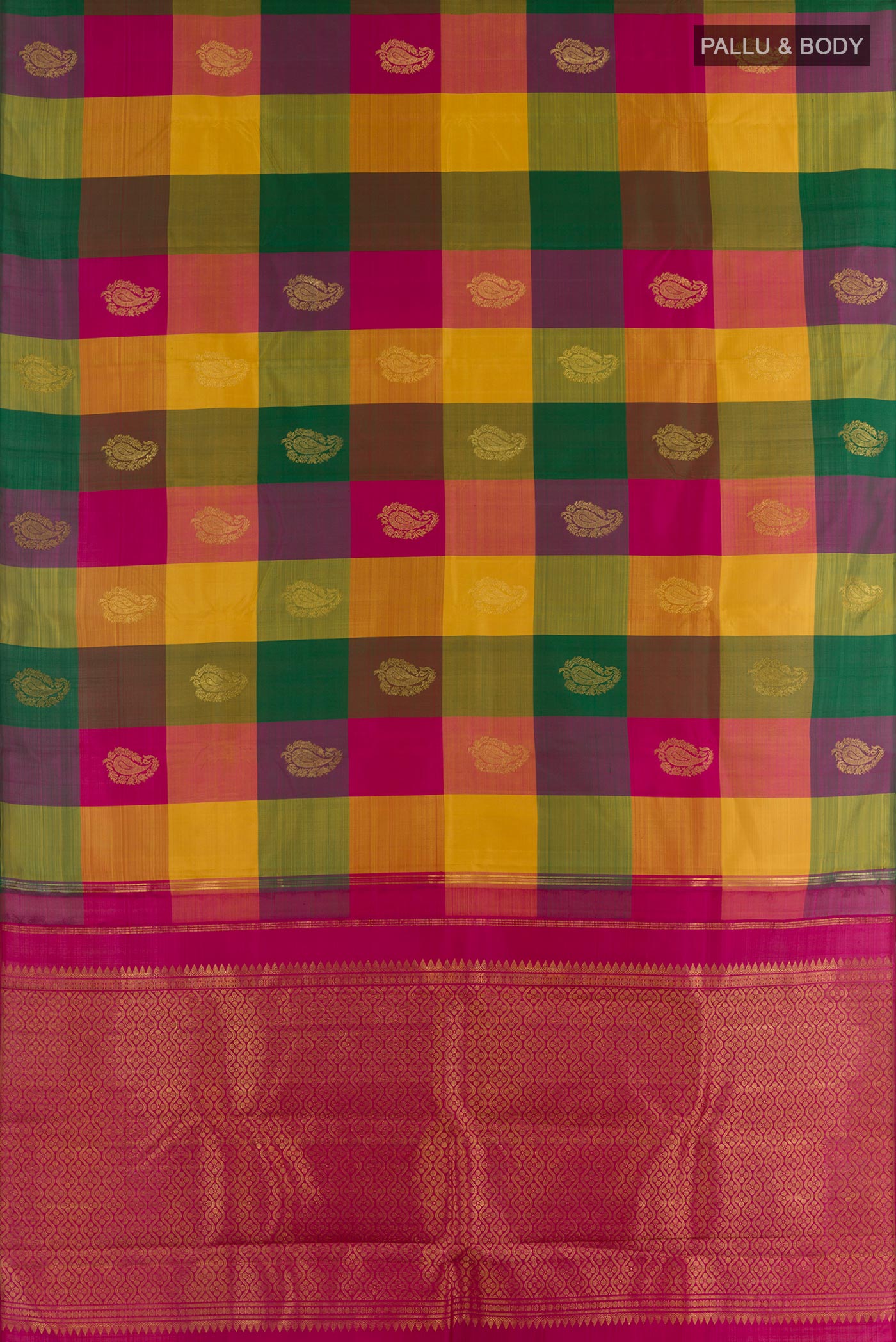 Flat view of Multi Color Kanjivaram Silk Saree with Checked design on the body and Without Border. 