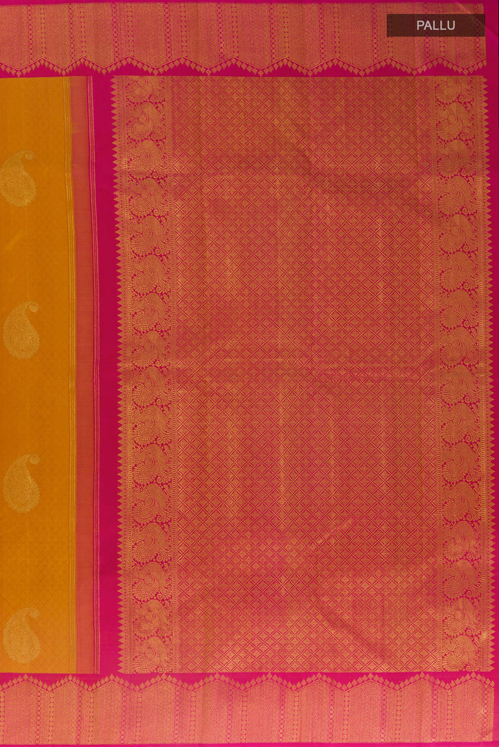 Close up image of the pallu of Pure Silk Mustard Kanchipuram Saree with Jacquard With Zari Butta on the body and Zari Border. 