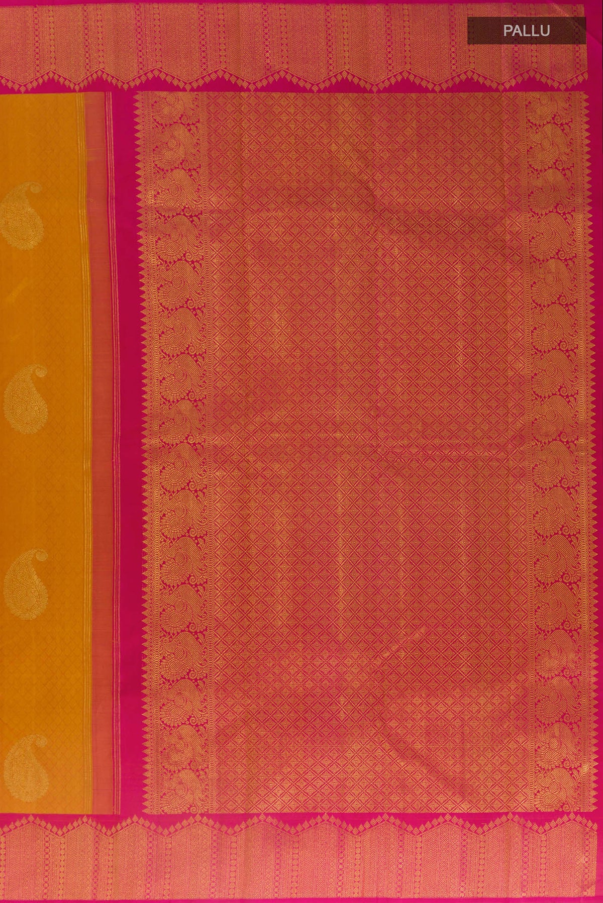 Close up image of the pallu of Pure Silk Mustard Kanchipuram Saree with Jacquard With Zari Butta on the body and Zari Border. 