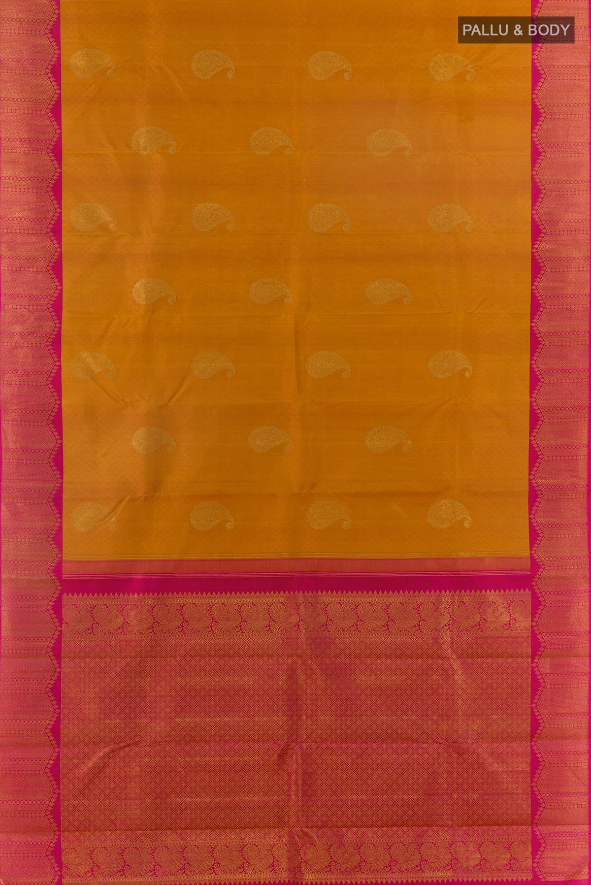 Flat view of Pure Silk Mustard Kanchipuram Saree with Jacquard With Zari Butta on the body and Zari Border. 