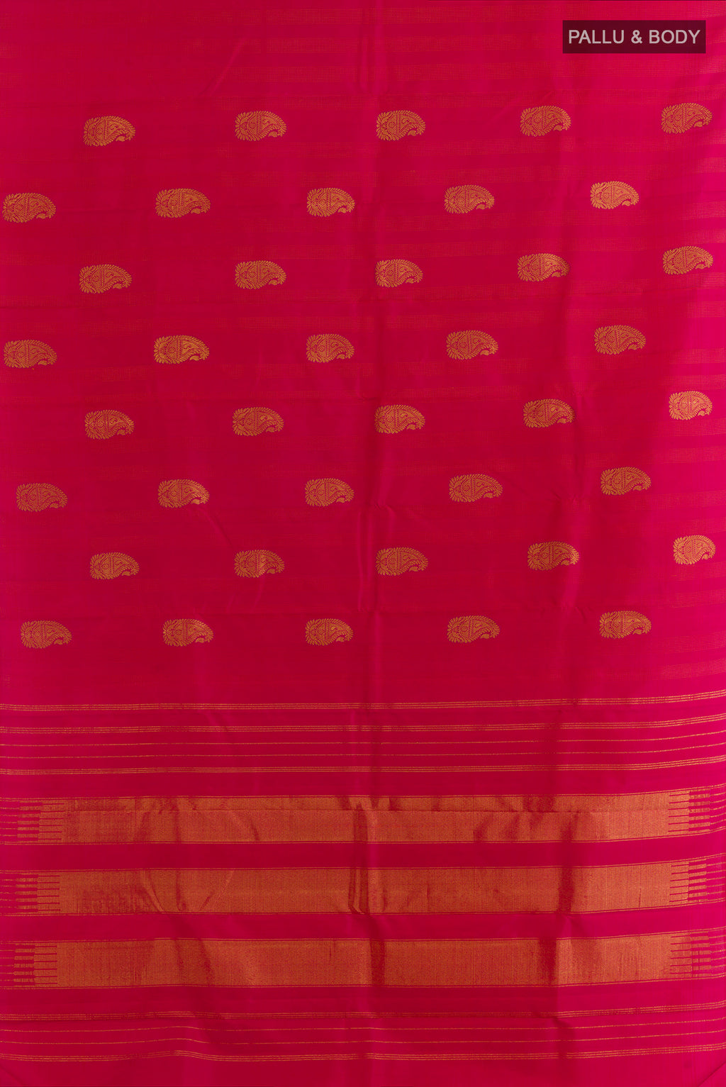 Flat view of Pure Silk Pink Kanjivaram Saree with Zari Butta on the body and Without Border. 