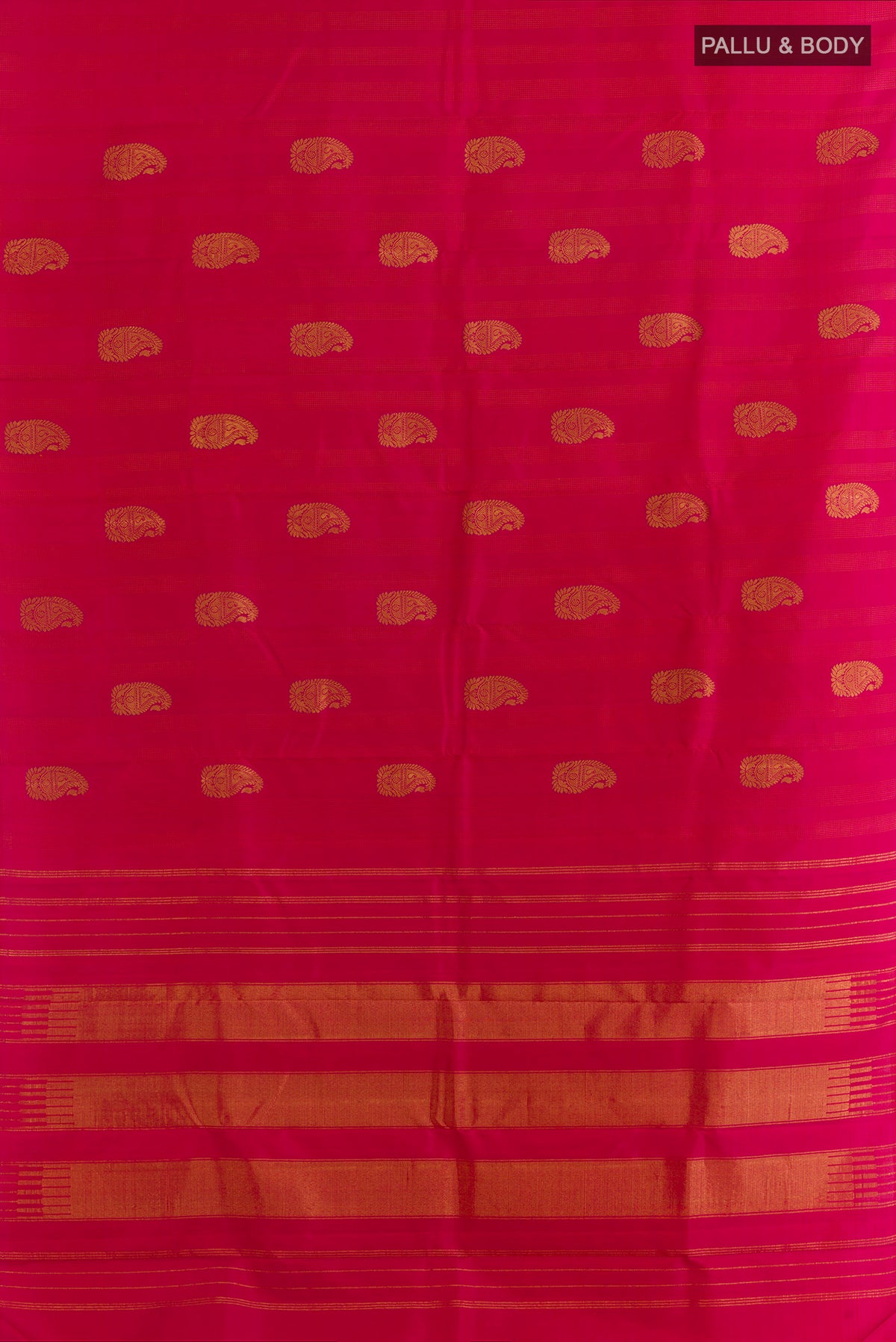 Flat view of Pure Silk Pink Kanjivaram Saree with Zari Butta on the body and Without Border. 