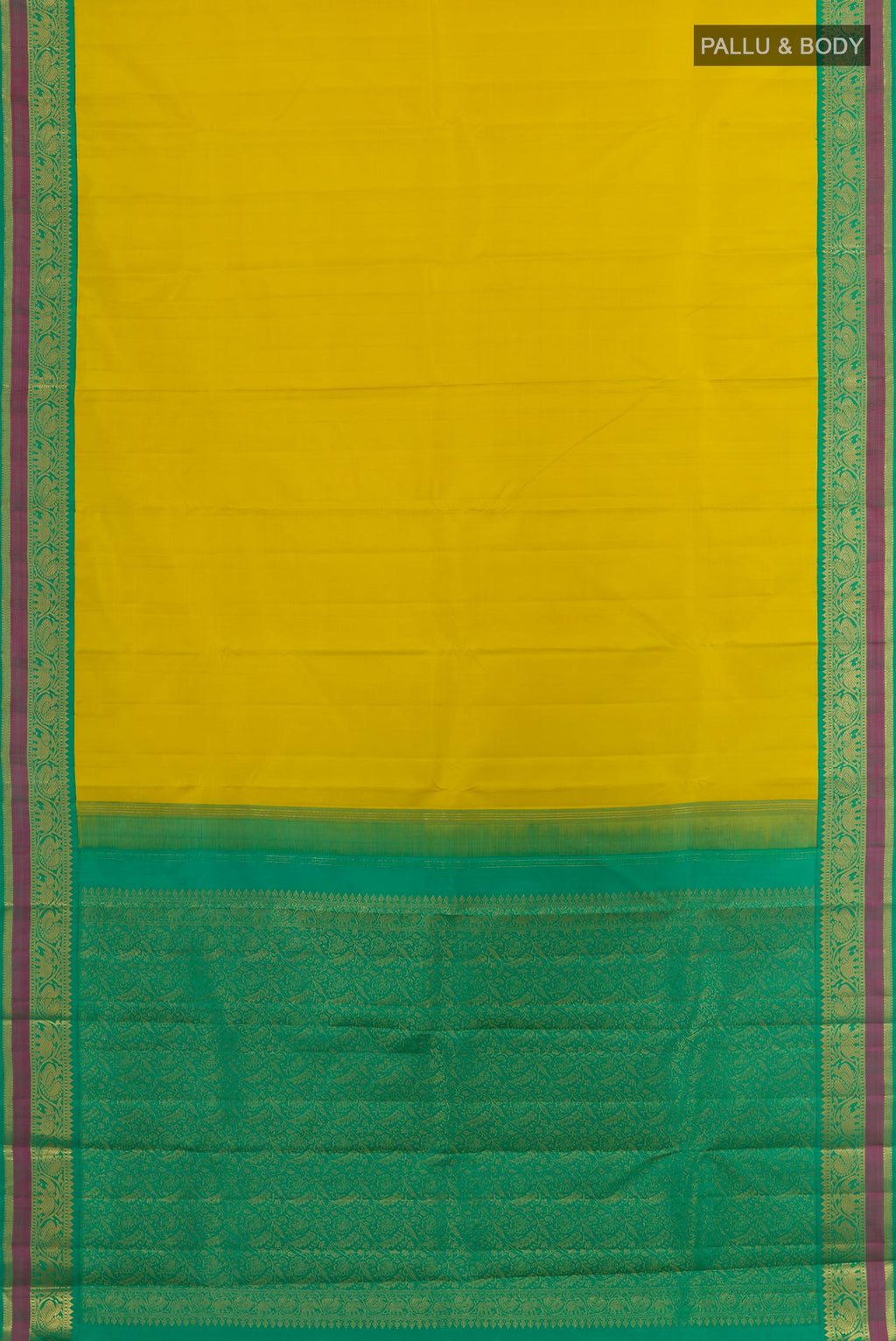 Flat view of Yellow Kanjivaram Silk Saree with Zari Butta on the body and Zari Border. 