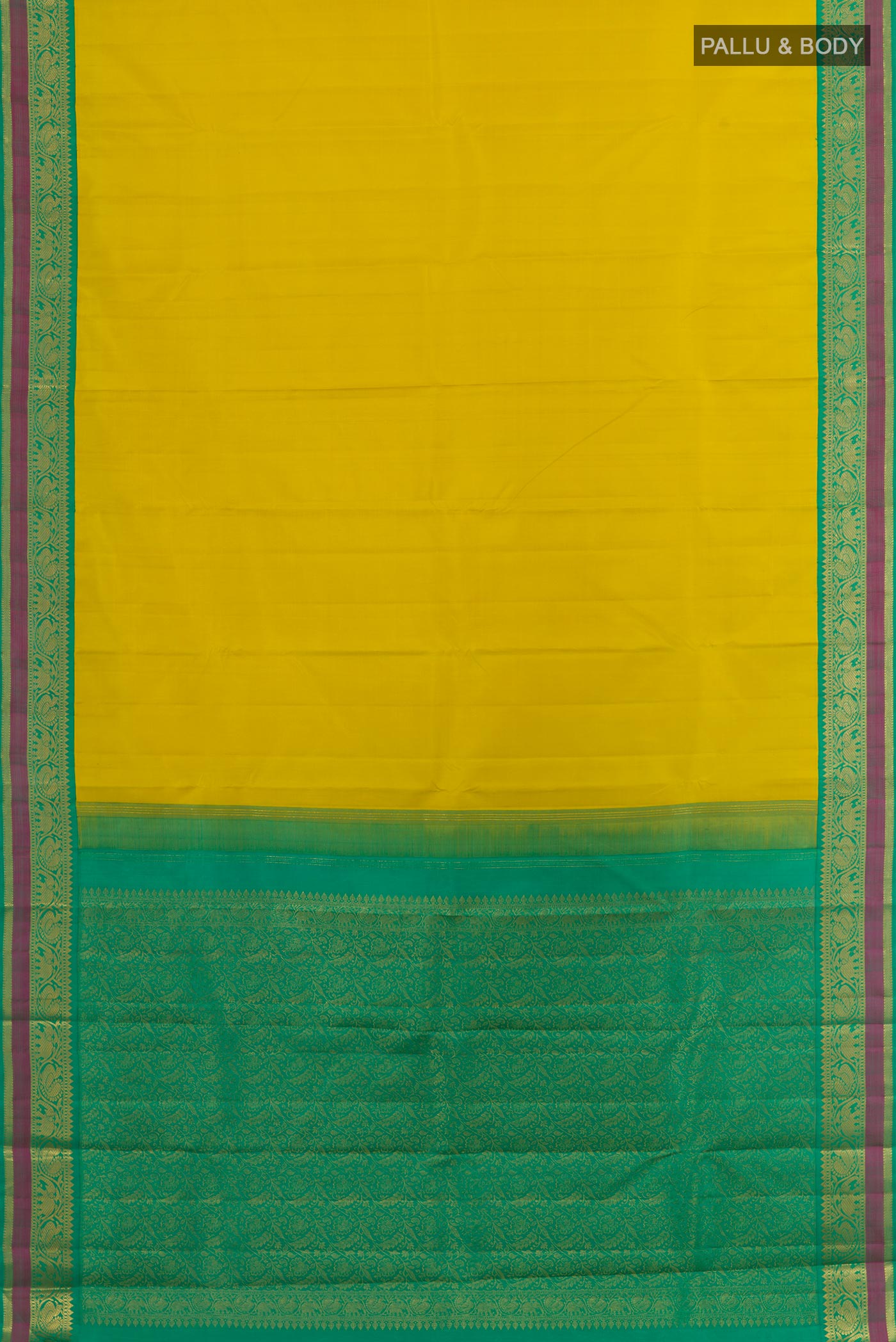 Flat view of Yellow Kanjivaram Silk Saree with Zari Butta on the body and Zari Border. 