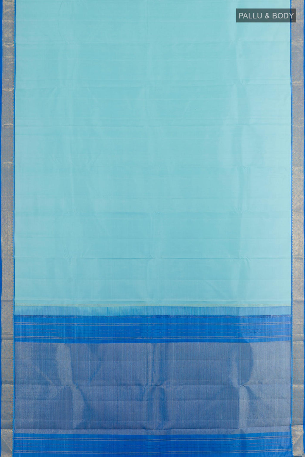 Flat view of Sky Blue Kanjivaram Silk Saree with Plain Body and Zari Border. 