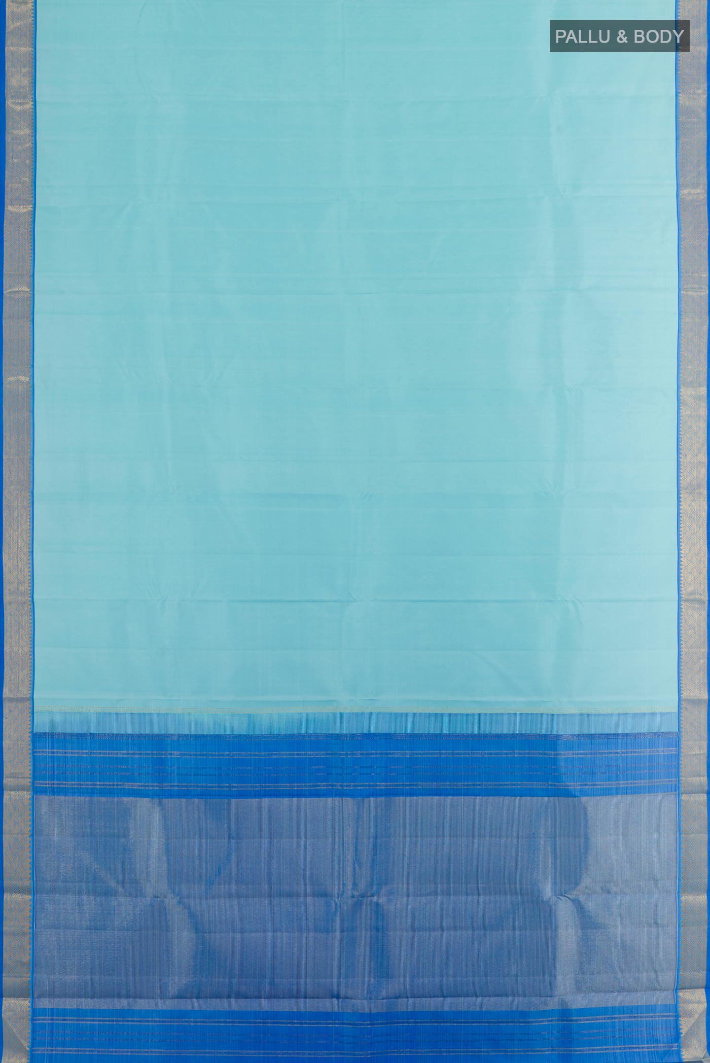 Flat view of Sky Blue Kanjivaram Silk Saree with Plain Body and Zari Border. 