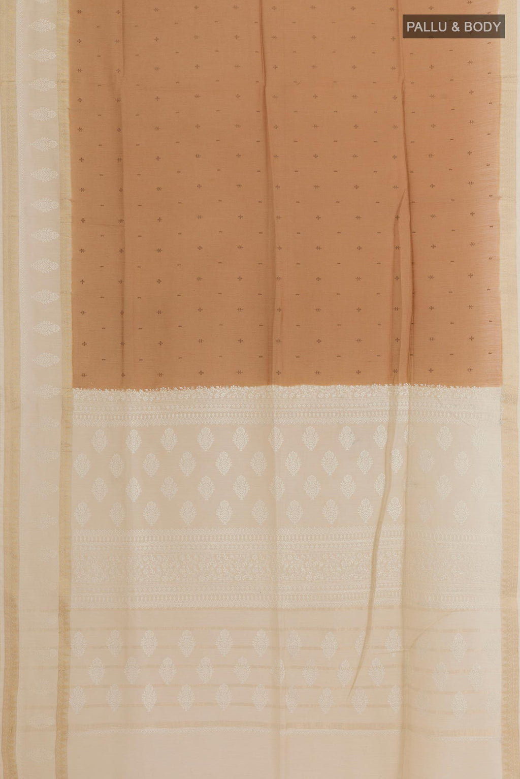 Flat view of Brown Tussar Silk Saree with Embroidery on the body and Zari Border. 